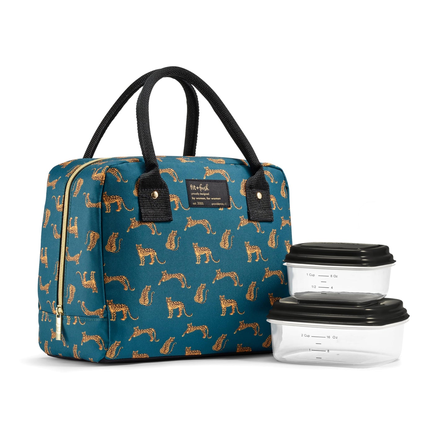 Fit & Fresh Bloomington Lunch Bag for Women - Insulated Large Lunch Box for Work with Containers, Leak-Resistant, Stain-Resistant, Zipper Closure, Teal Cheetah