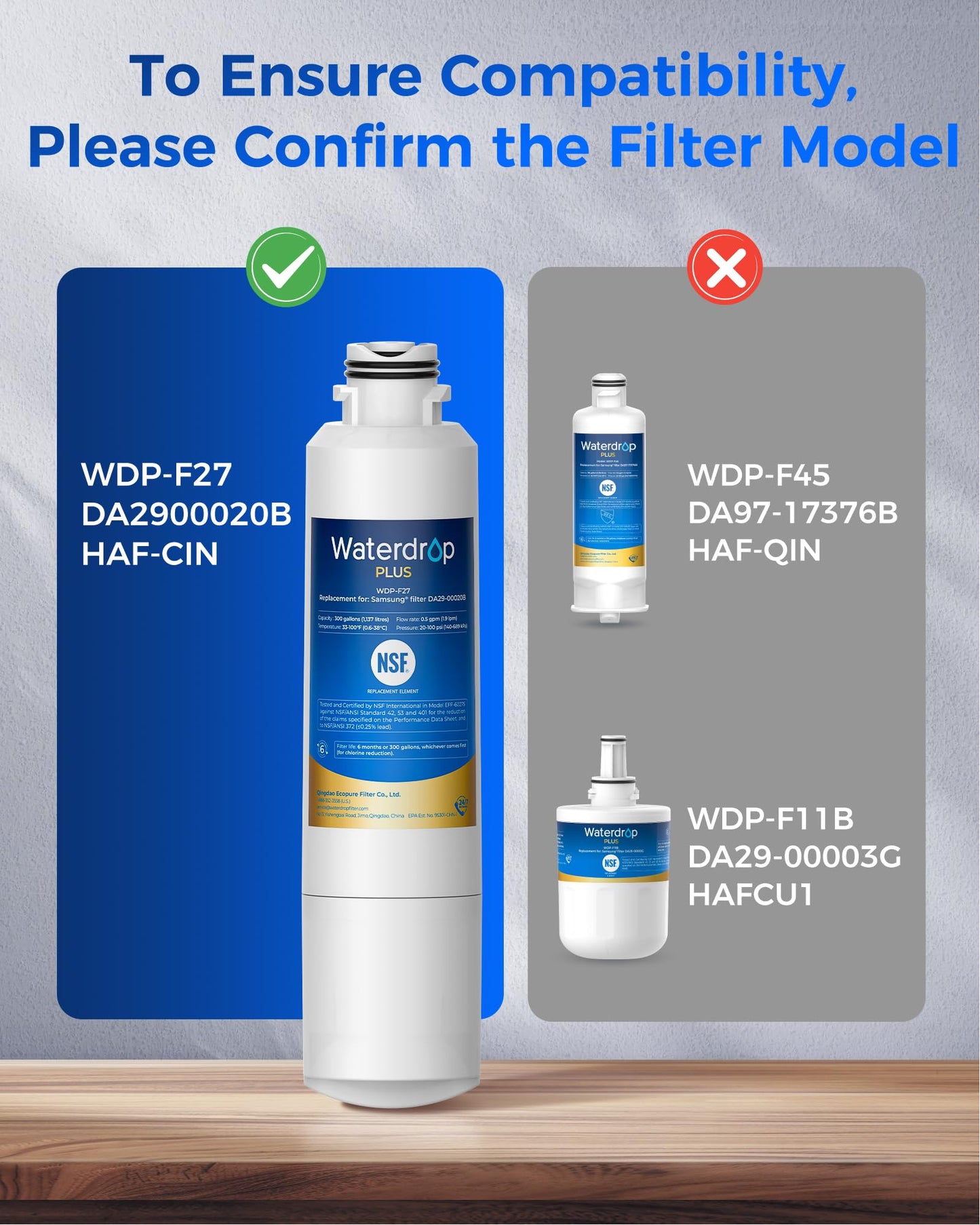 Waterdrop Plus WDP-F27 NSF 401&53&42 Certified Refrigerator Water Filter, Replacement for Samsung® HAF-CIN/EXP, DA29-00020B, FMS-2, RF28HMEDBSR, RF263BEAESR, 3 Filters (Packaging May Vary)
