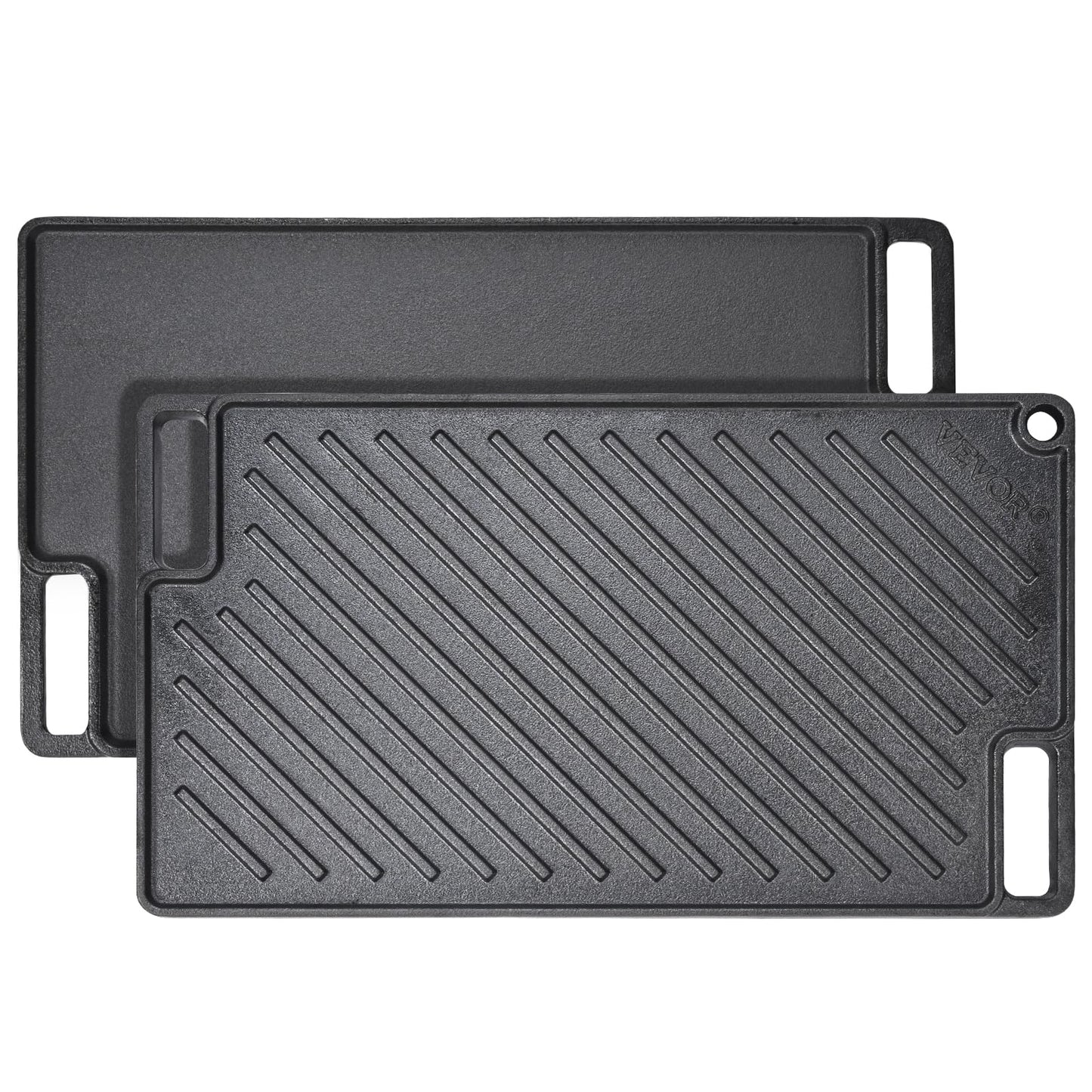 VEVOR Reversible Grill/Griddle, 9.7"x16.7" Pre-Seasoned Cast Iron Griddle, Rectangular Double Burner Griddle Pan, Non-Stick Family Pan Cookware with Handles, Flat Top Plate for BBQ, Gas Grill, Black