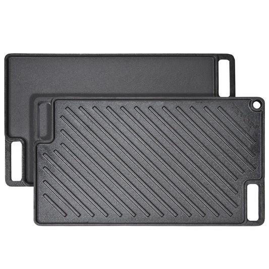 VEVOR Reversible Grill/Griddle, 9.7"x16.7" Pre-Seasoned Cast Iron Griddle, Rectangular Double Burner Griddle Pan, Non-Stick Family Pan Cookware with Handles, Flat Top Plate for BBQ, Gas Grill, Black