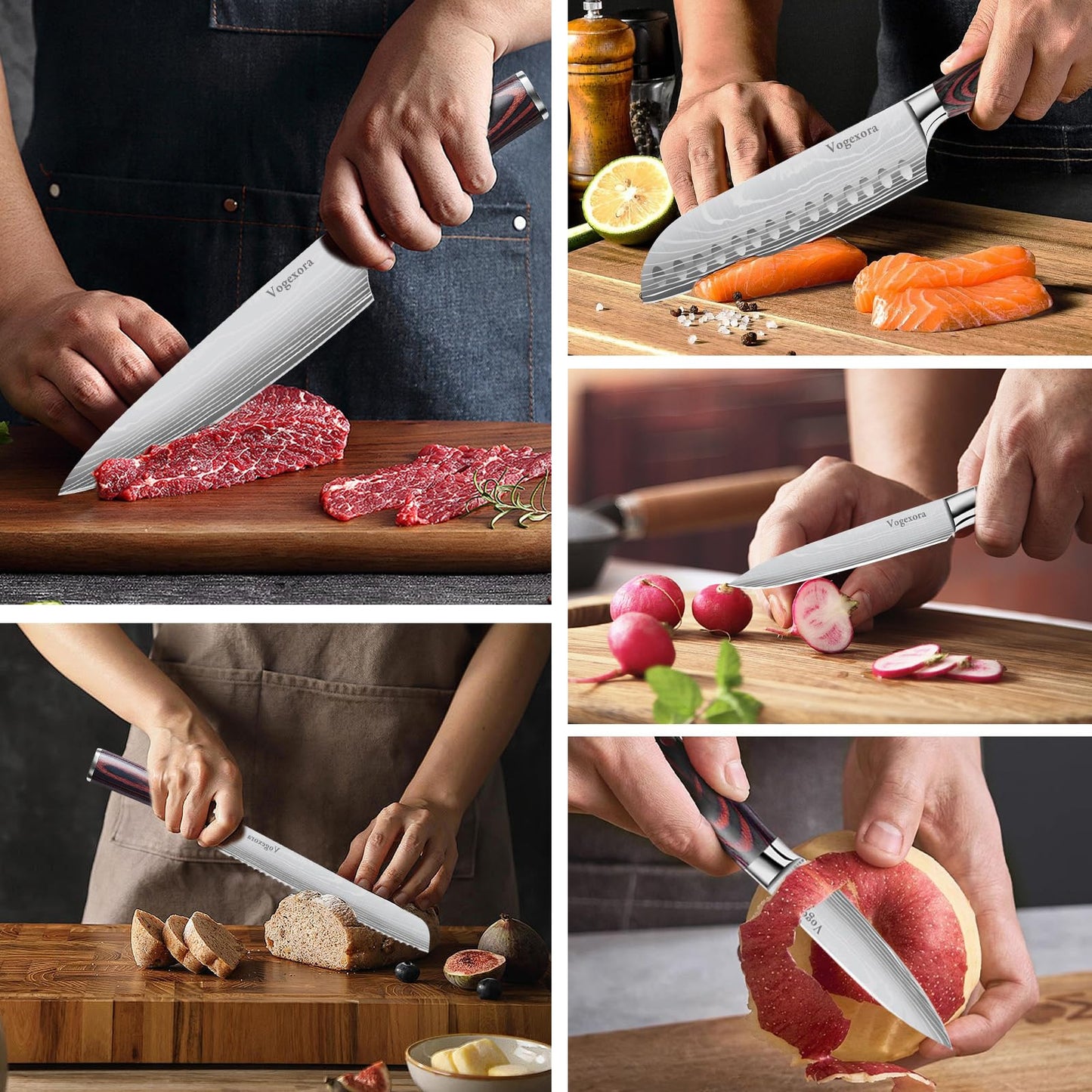 Vorgexora 5 Pcs Chefs Kitchen Sharp Knife Set - Japanese Professional Cooking Cutting Knives for Meat Vegetable Bread and Paring, High Carbon Stainless Steel Santoku