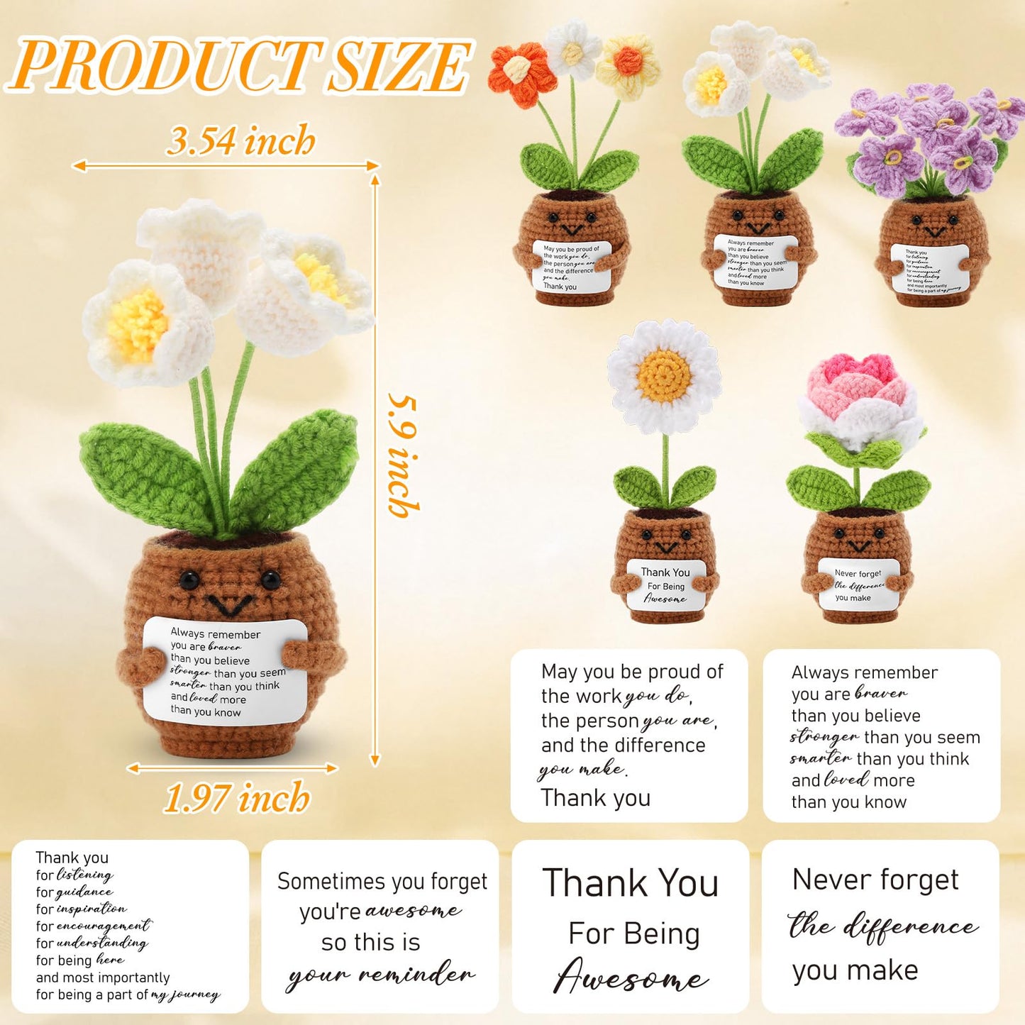 Geelin 6 Sets Positive Teacher Appreciation Gift Mini Crochet Flower Potted Doll with Card Emotional Rose Daisy Crochet Support Thank You Flowers Positive Gift for Women Coworker Teacher Mother's Day