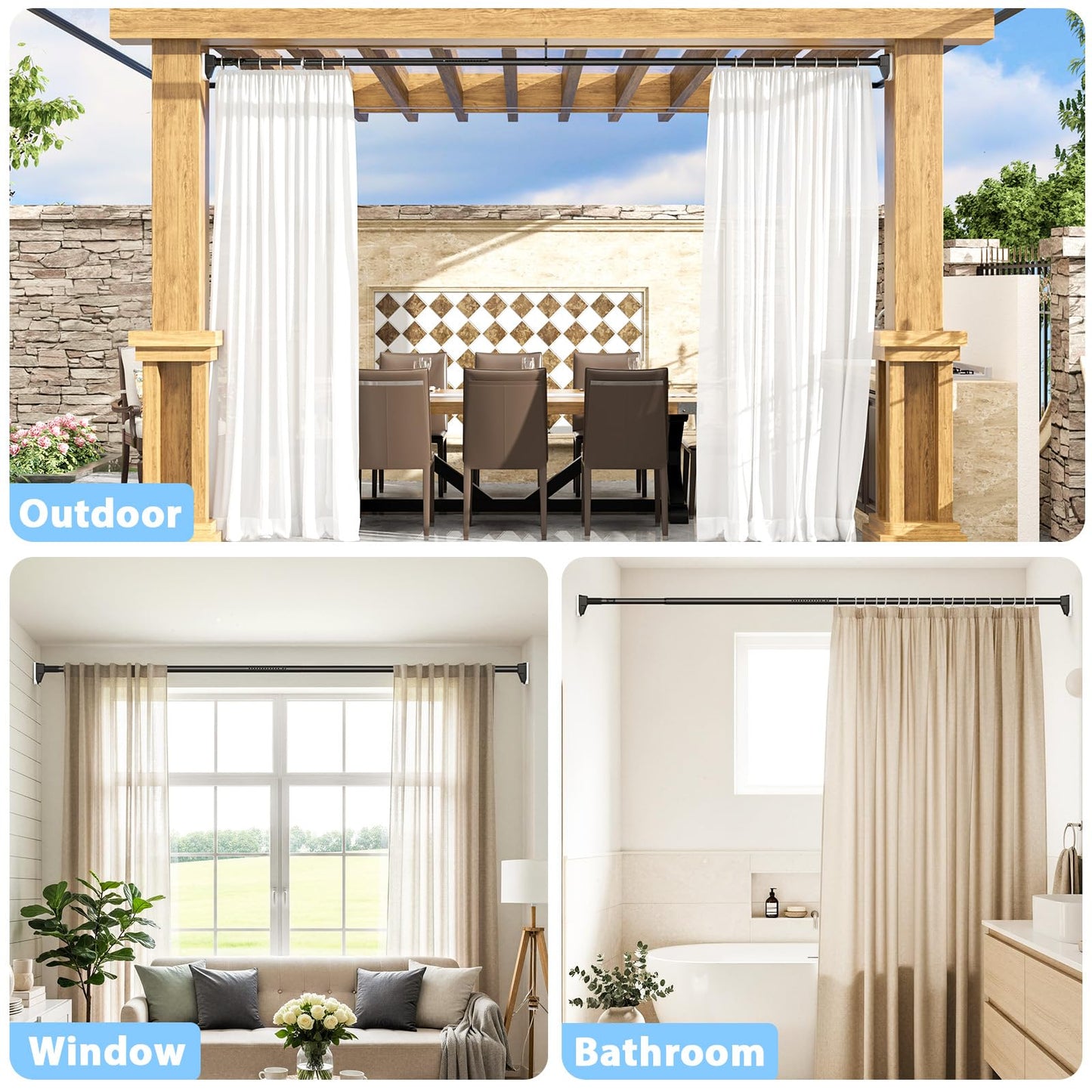 41 to 185 Inch Tension Curtain Rod No Drill Black Shower Curtain Rod Extra Long Heavy Duty Tension Rod for Windows, Patio, Bathroom - Renter Friendly Adjustable Curtain Rods