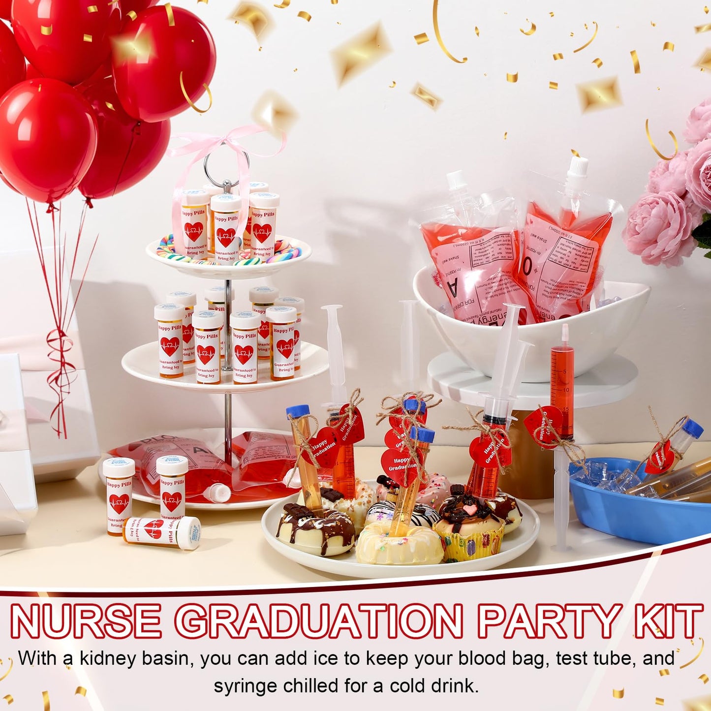 123 Pcs Nurse Graduation Party Supplies Set, Iv Blood Bag for Drink Dram Pill Bottles Test Tube Syringe Kidney Basin for Nurse Week Bsn Rn Lpn School College Nursing Graduation Party Favors Decoration