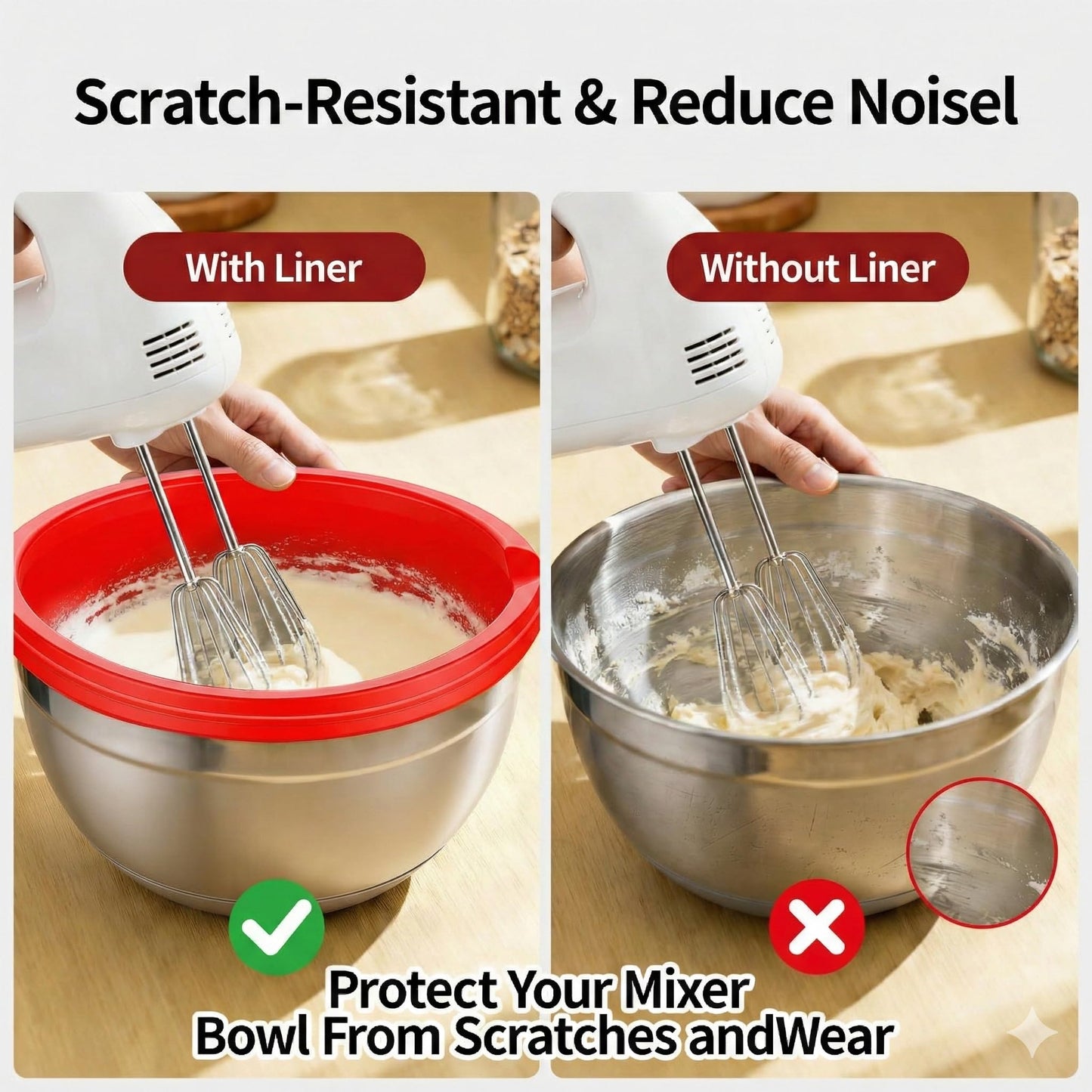 Hexnova 3 Pack Silicone Bowl Liners with Lids Compatible with KitchenAid 5 Qt Tilt-Head Mixer, Bowl Inserts with Measuring Lines, Pour Spout, Hanging Hole for Mixing, Proofing & Storage