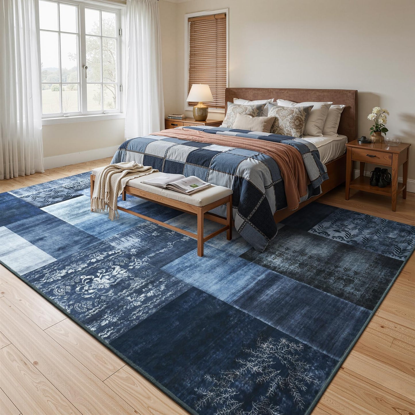 DweIke Washable Area Rugs 5x7 for Living Room, Modern Geometric Navy Blue Soft Patchwork Carpet, Non-Slip Stain Resistant Throw Rug for Bedroom Dining Room Office Home Decor