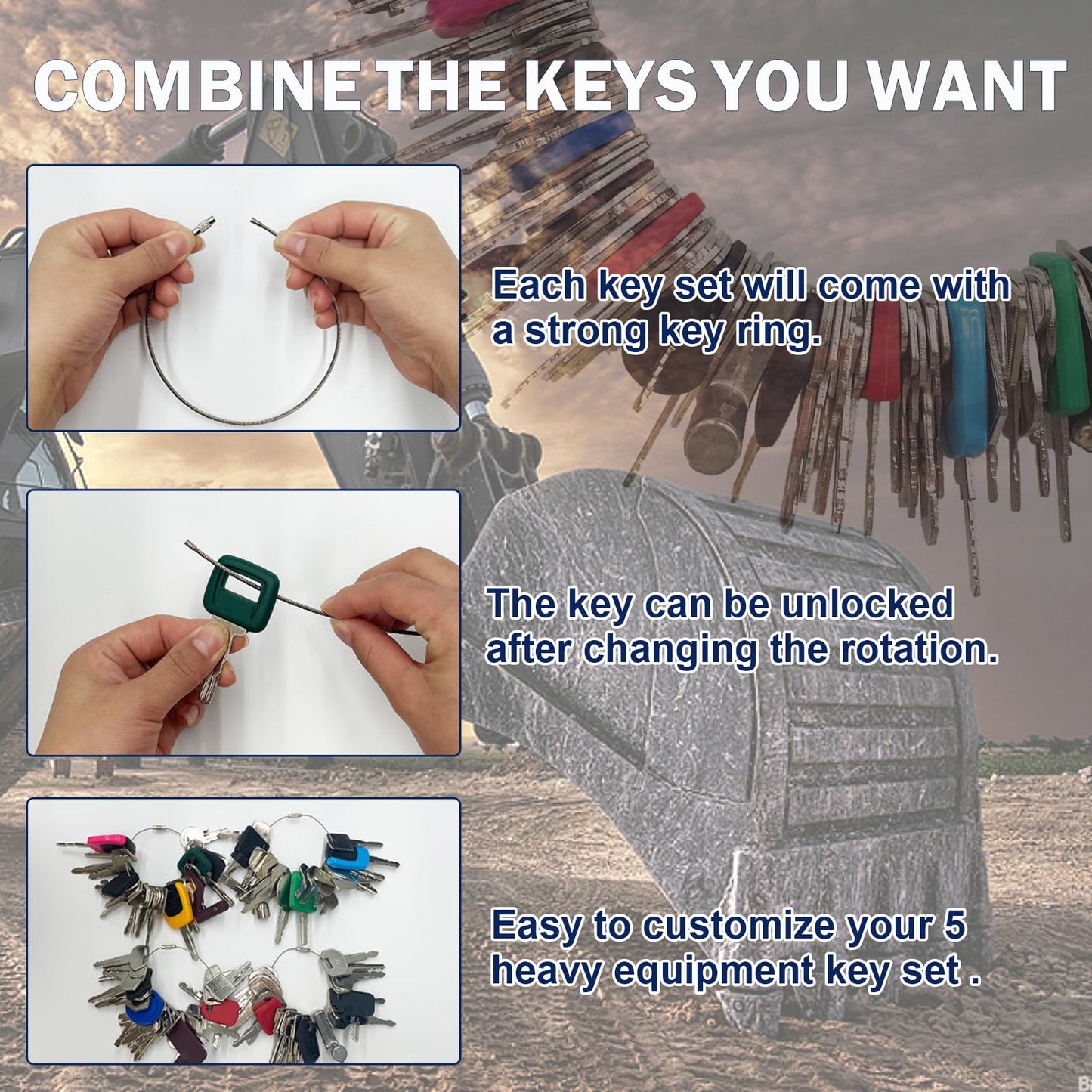 100 Non-Repeating Master Equipment Key Set,Original Heavy Construction Excavatoer Dumper Dozer Ignition Key for CAT John Deere JCB Yanmar Takeuchi Komatsu Volvo Toyota and More