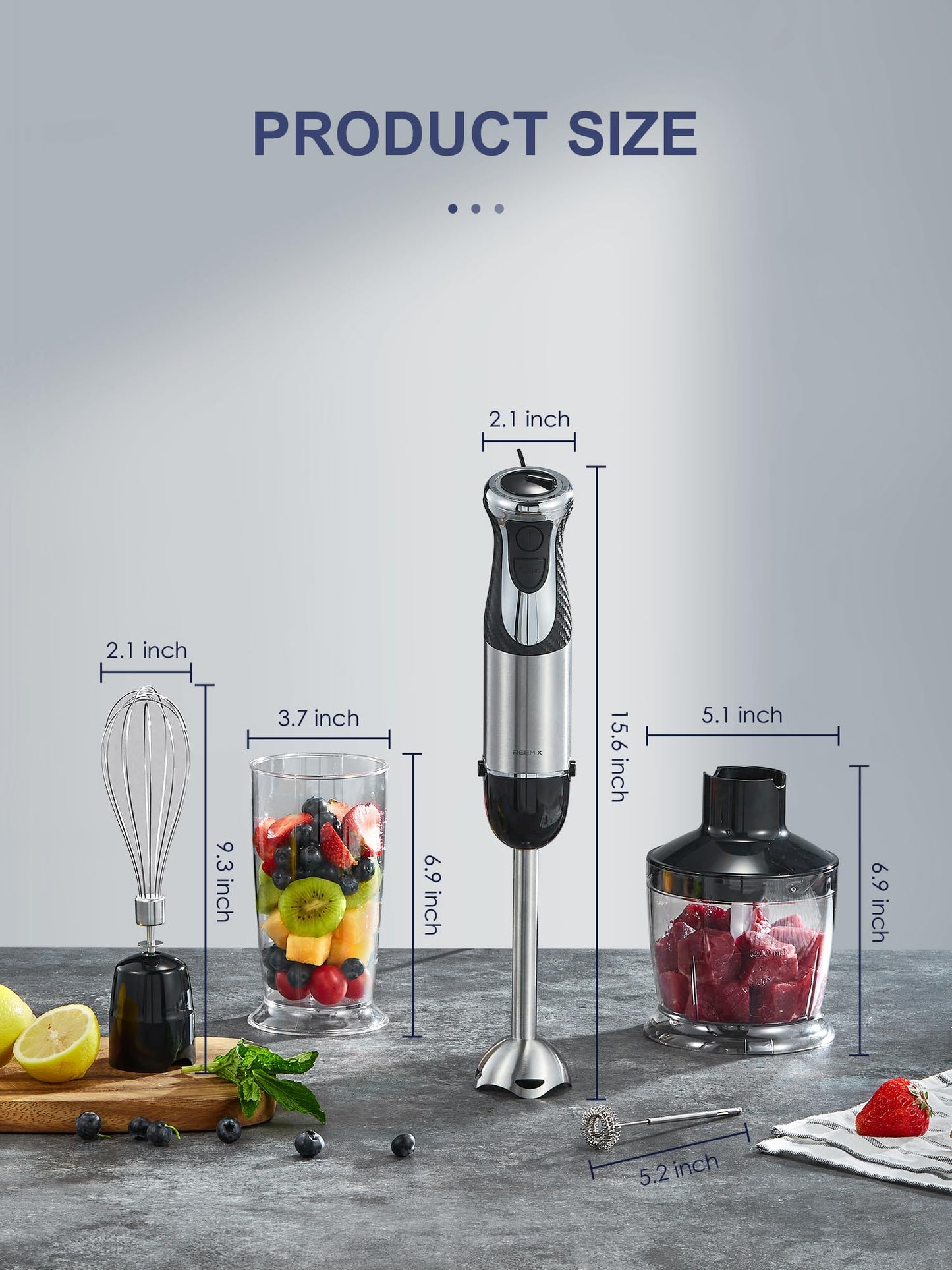 Reemix Immersion Blender, 5 in 1 Hand Blenders, 1000W Copper Motor Handheld Blender with Frother, Whisk, Beaker, Chopper Attachements, Stainless Steel Blades, Black