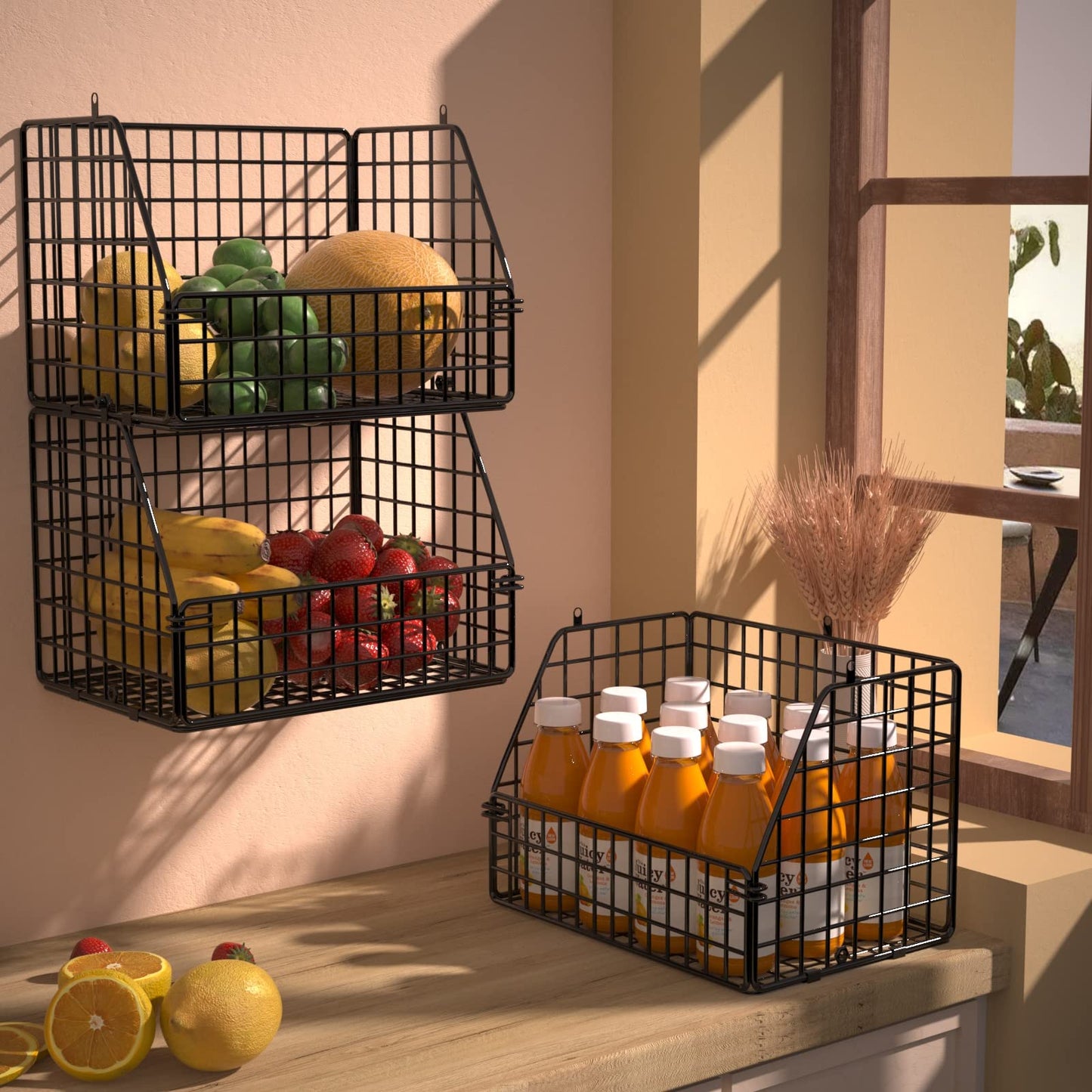 PUPPYCUTE Stackable Wire Storage Baskets for Kitchen Closet Pantry, Hanging Closet Organizers Storage Shelves Organization, Wall Mount Metal Basket Bins, Clothing Vegetable & Fruit Organizer 5 pcs