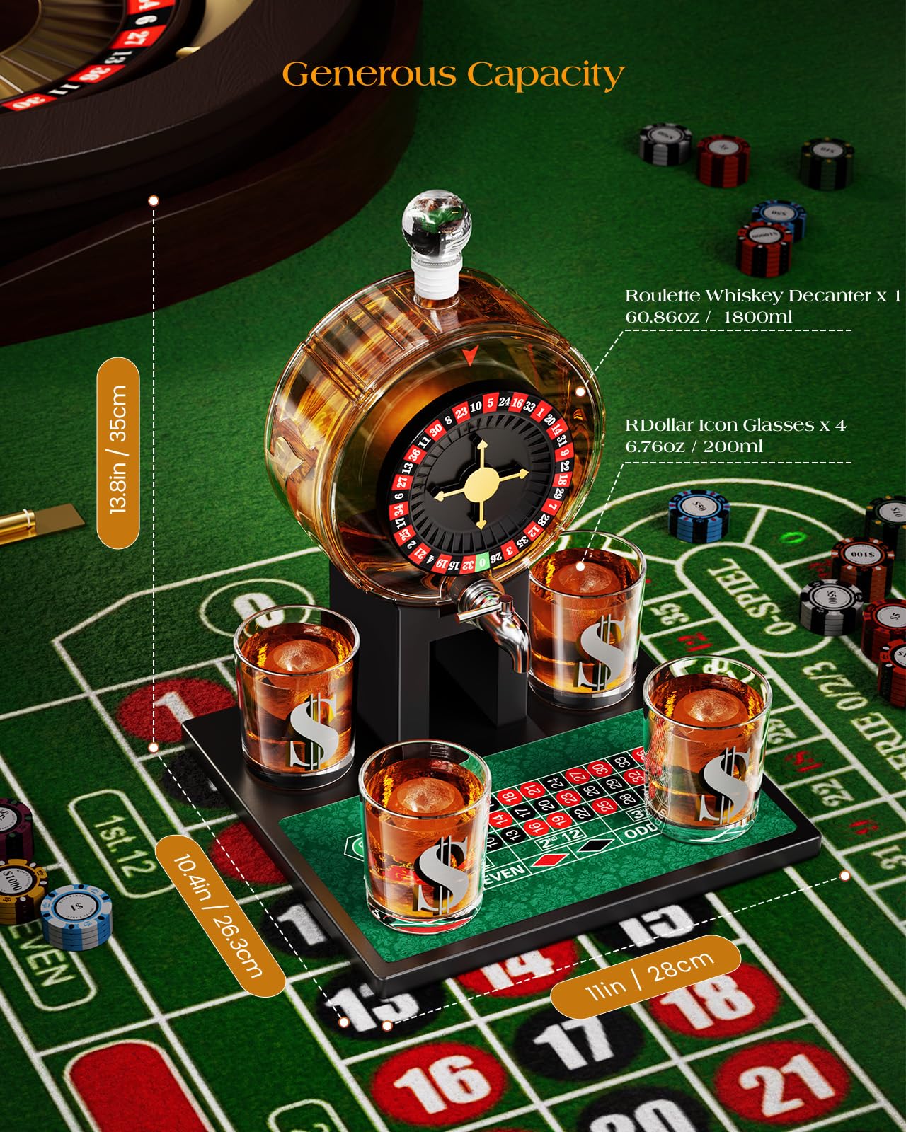 Kollea Roulette Whiskey Decanter Set, 60.9 Oz Casino-Style Slot Decanter with 4 Dollar Glasses, New Year Birthday Gifts for Men Dad, Him, Liquor Dispenser for Anniversary, Bar, Poker Night, Men Cave