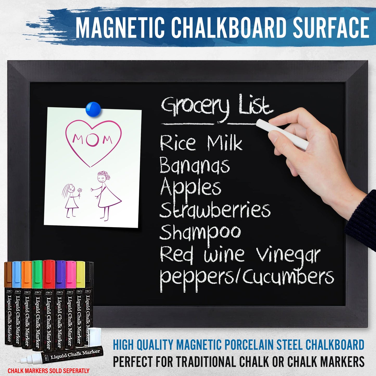 HBCY Creations 18" x 24" Rustic Black Solid Wood Frame Wall Chalkboard, Magnetic Surface, Home Décor, Restaurant & Café Menus, Blackboard, Includes Chalk, Eraser & Hanging Hardware