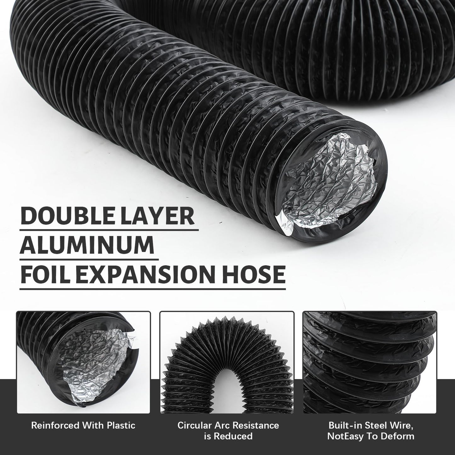 Zonon Dryer Vent Hose 4 Inch X 50 Feet Flexible Aluminum Foil Ducting Non Insulated with Stainless Steel Clamps and Aluminum Tape for Pipe, HVAC Heating Cooling Ventilation and Exhaust (Black)