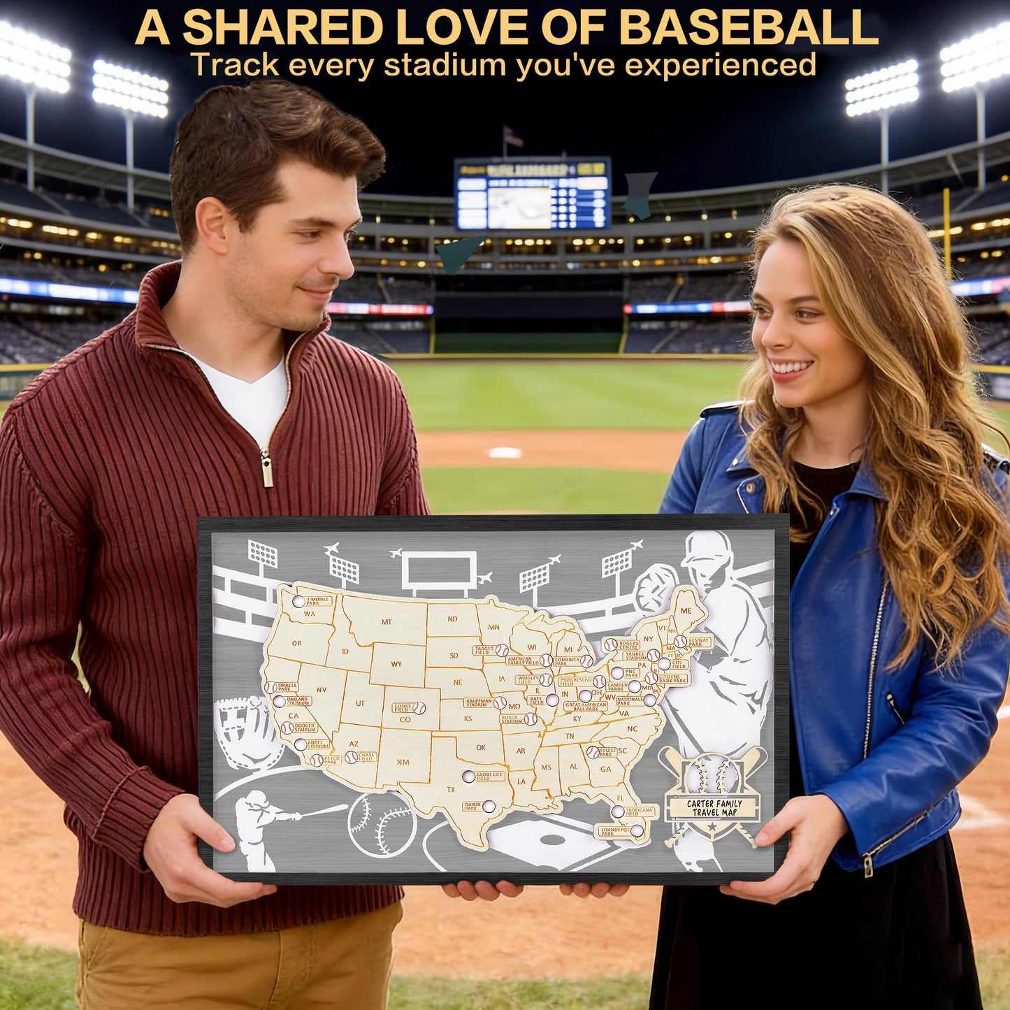 Baseball Stadium Map,USA Travel Map with Pins,Baseball Decor,Sports Memorabilia US Ballparks Travel Tracker,United States Maps for Wall,Baseballs Gift for Men Boys MLB Fans Baseballism (Gray)