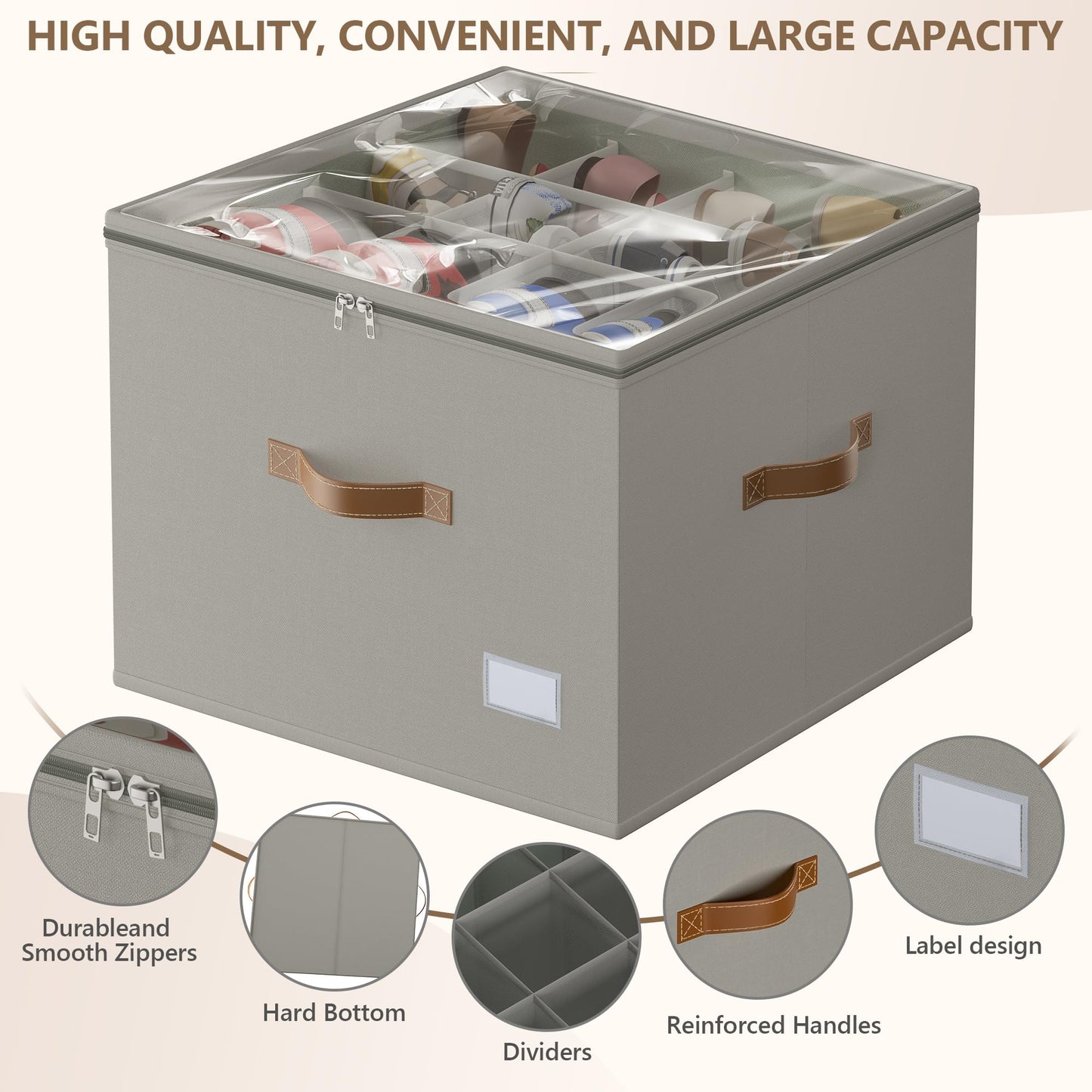 Vincona Shoe Organizer for Closet,2 Pack Shoe Storage Bins Foldable Shoe Storage Box Containers with Clear Cover and Sturdy Handles,Shoe Rack for Closet Storage for Sneakers Heels Slippers (Grey)