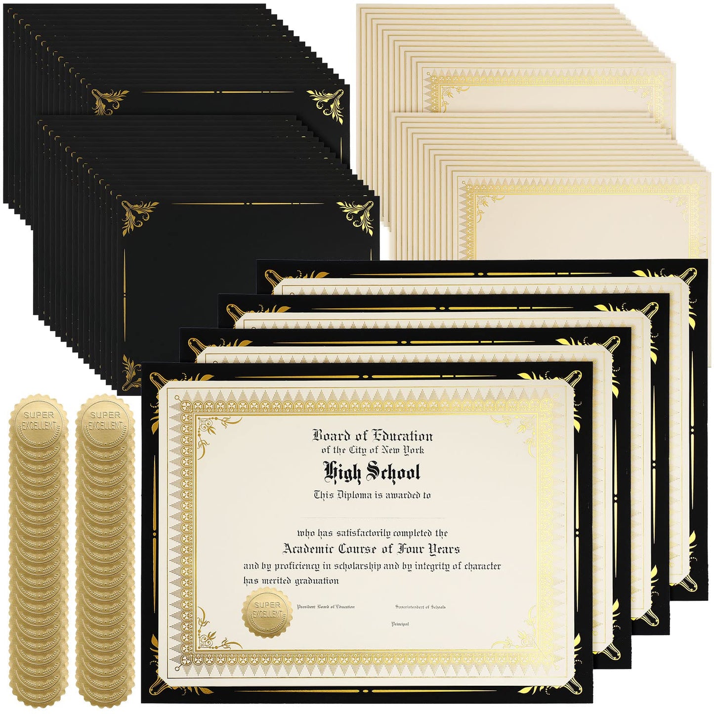 Fainne 100 Sets Black Certificate Paper Kit Single Sided Awards Holder with Foil Border for 8.5 X11 Certificate Covers Foil Award Seals Stickers Diploma Covers