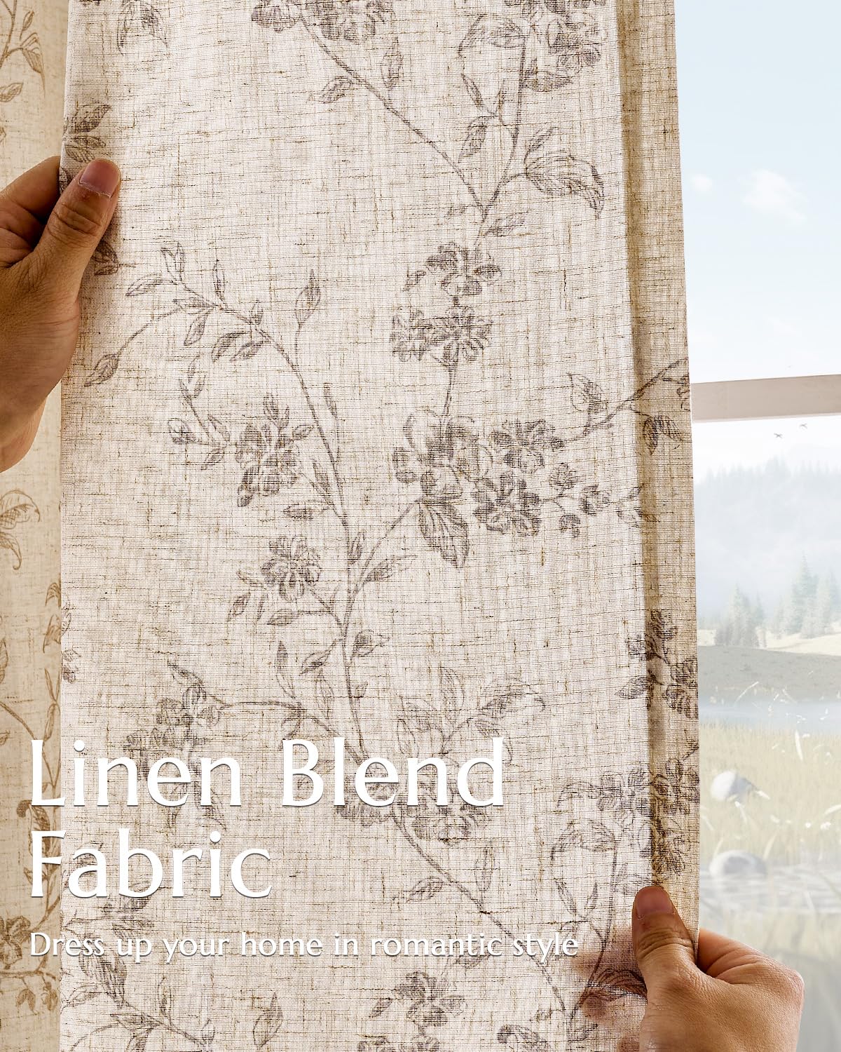jinchan Linen Floral Curtains for Living Room 84 Inch Length Taupe Printed Curtains Back Tab French Country Farmhouse Flower Patterned Drapes Bedroom Window Curtain Set 2 Panels