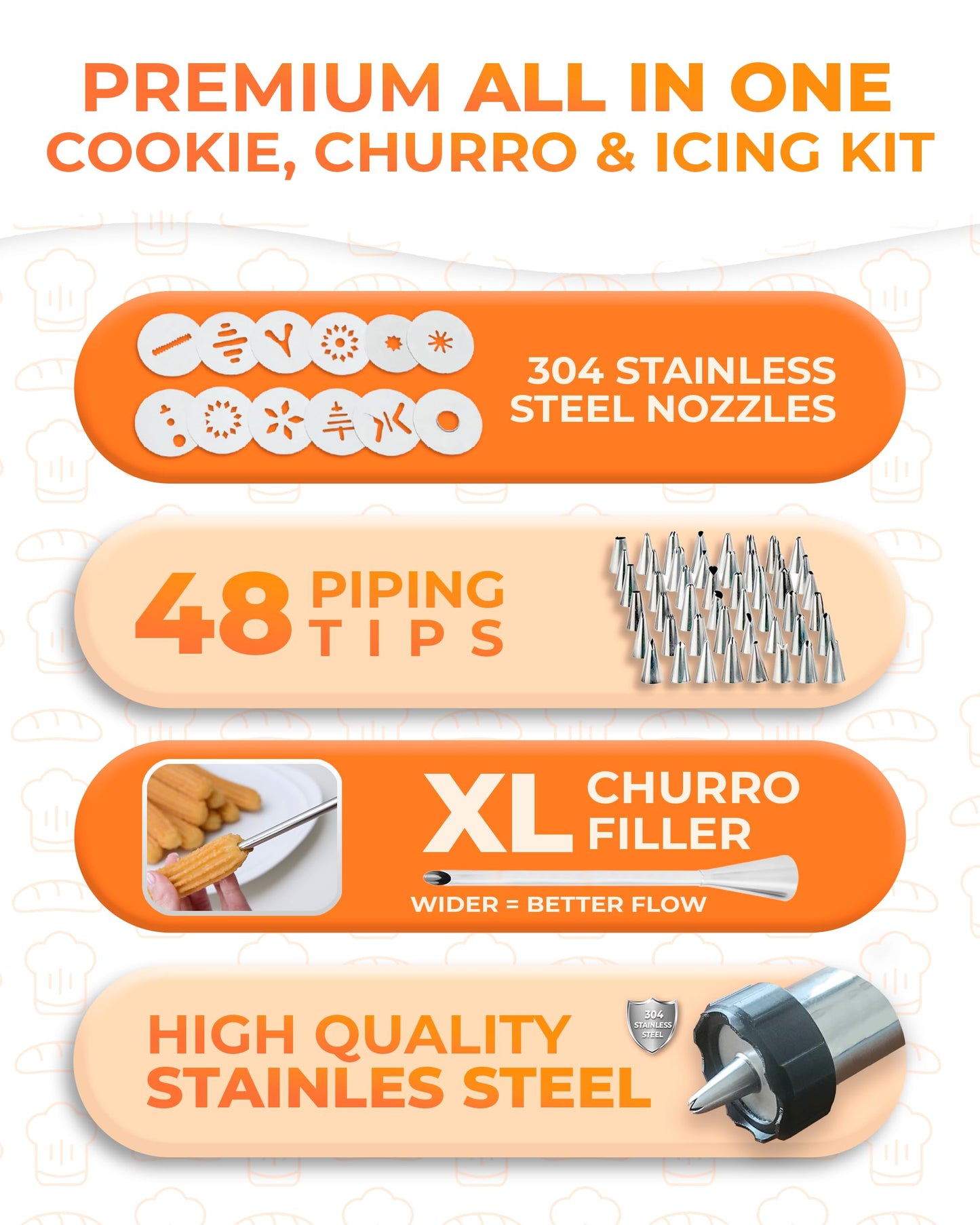 KneadEat Premium 68pc Churro Maker - Spritz Cookie Press Gun Kit - Icing Gun. 12 Cookie and Churro Discs. 48 Icing Tips. XL Filler. Piping Bag. Brushes. For Churros, Cookies and Cake Decorating.