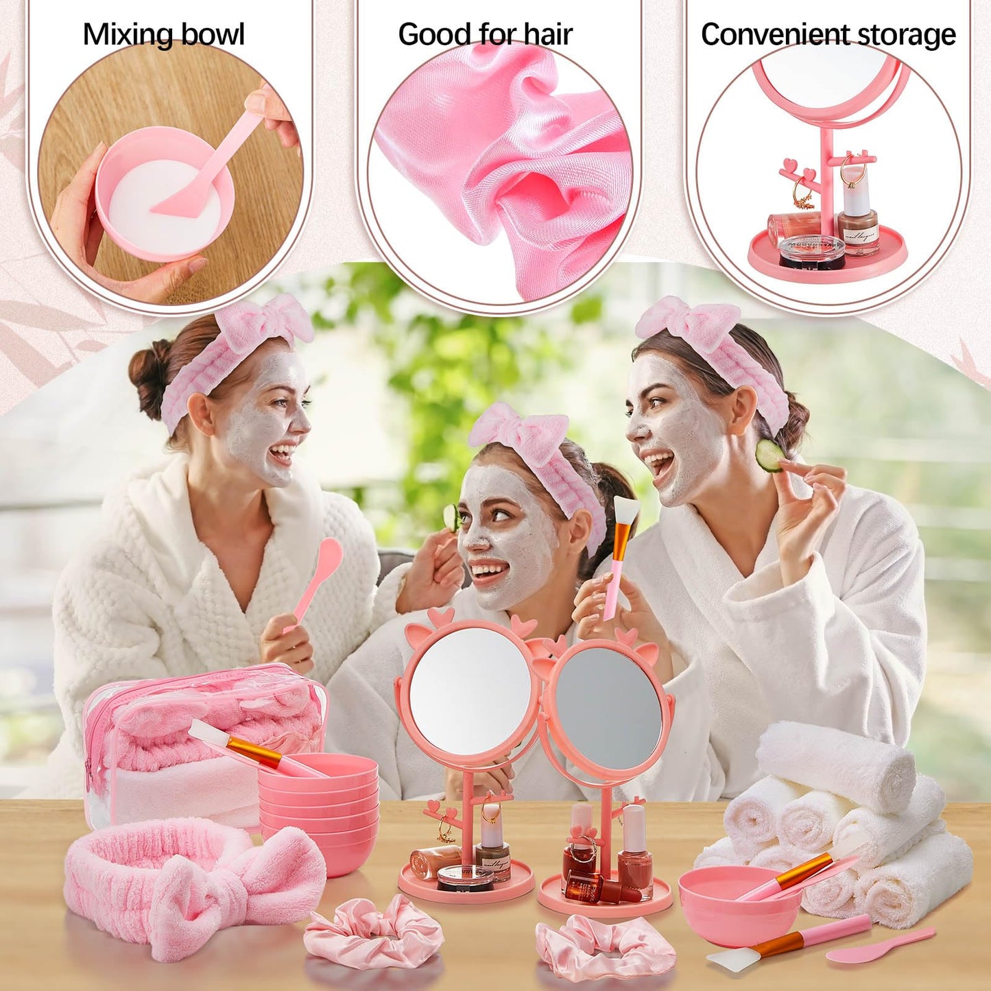 Shinylin 12 Set Spa Sleepover Party Supplies Bulk, Include Face Mask Mixing Bowl Set, Mirror, Headband, Scrunchies, Cosmetic Bags, Face Wash Cloths for Spa Birthday Party (Pink)