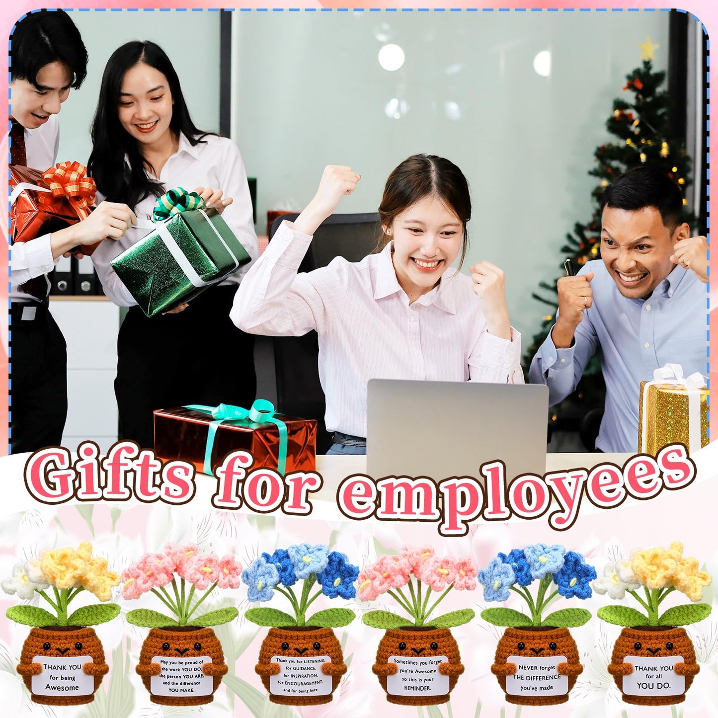 Wavwavw 6 Pcs Employee Appreciation Gifts Bulk Thank You Gifts for Team Coworkers Staff Positive Handmade Crochet Doll with Inspirational Card for Women Men Office EMS CNA(Forget Me Not)