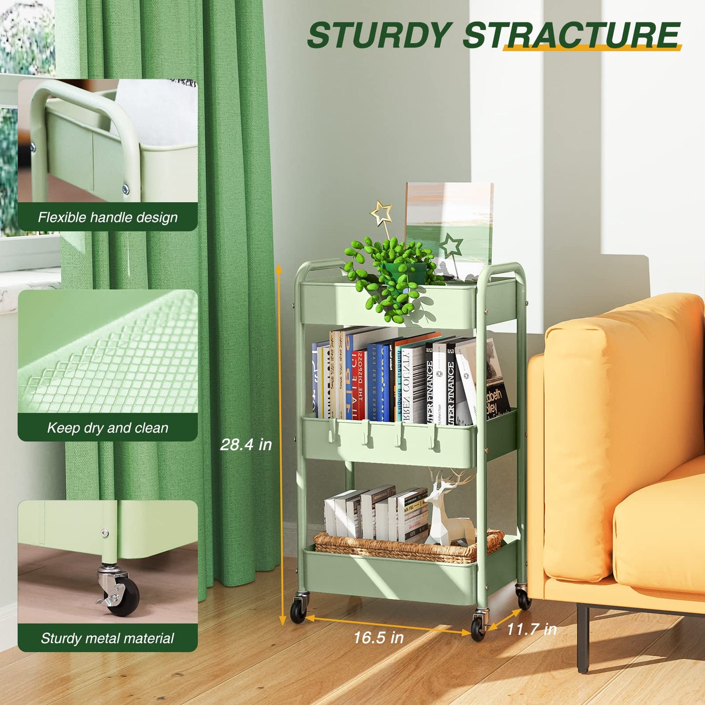 LEHOM 3 Tier Rolling Storage Cart, Metal Trolley Utility Cart with Wheels & Hooks, Easy Assembly Organizer Storage Cart for Bathroom Kitchen Office Bedroom