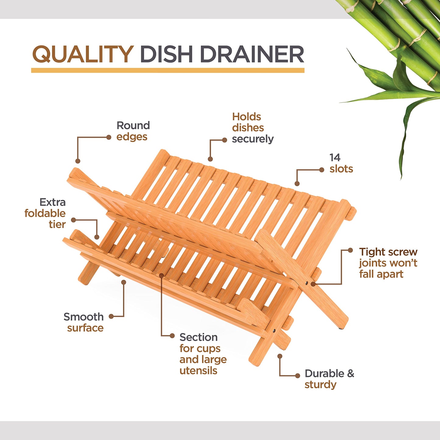Bambüsi Dish Drying Rack - Collapsible Bamboo 2 Tier Foldable Wooden Dish Drainer for Countertop, Plates Cups Bowls Utensils - Eco Friendly Folding Bamboo Dish Rack for Kitchen Apartment RV Home Small