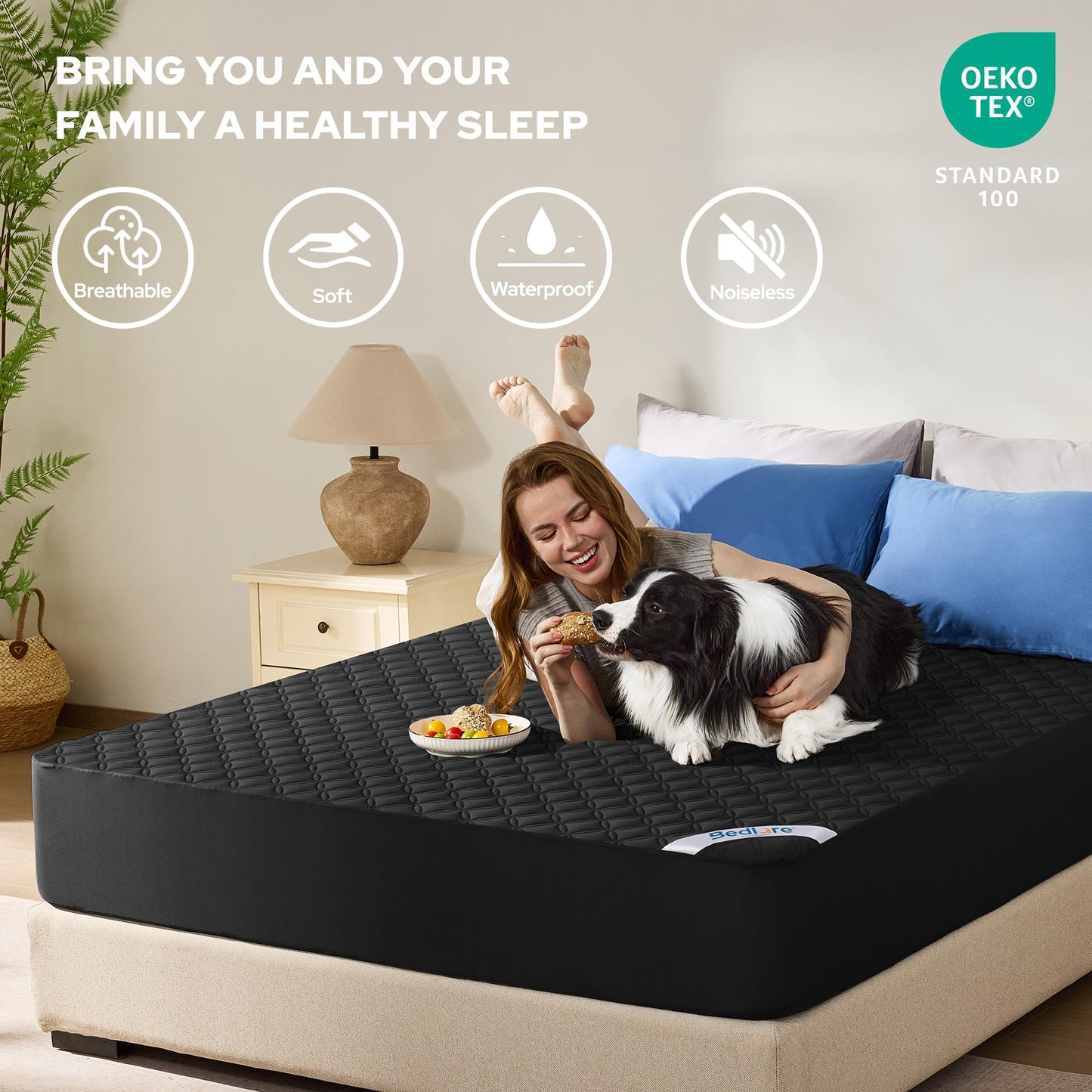 BEDLORE Waterproof Mattress Protector, Noiseless Queen Size Mattress Pad with Deep Pocket Fitted Up to 6-18 inches, Soft Breathable Dirt-Proof Bed Mattress Cover Washable Bedroom, Hotel (Black)