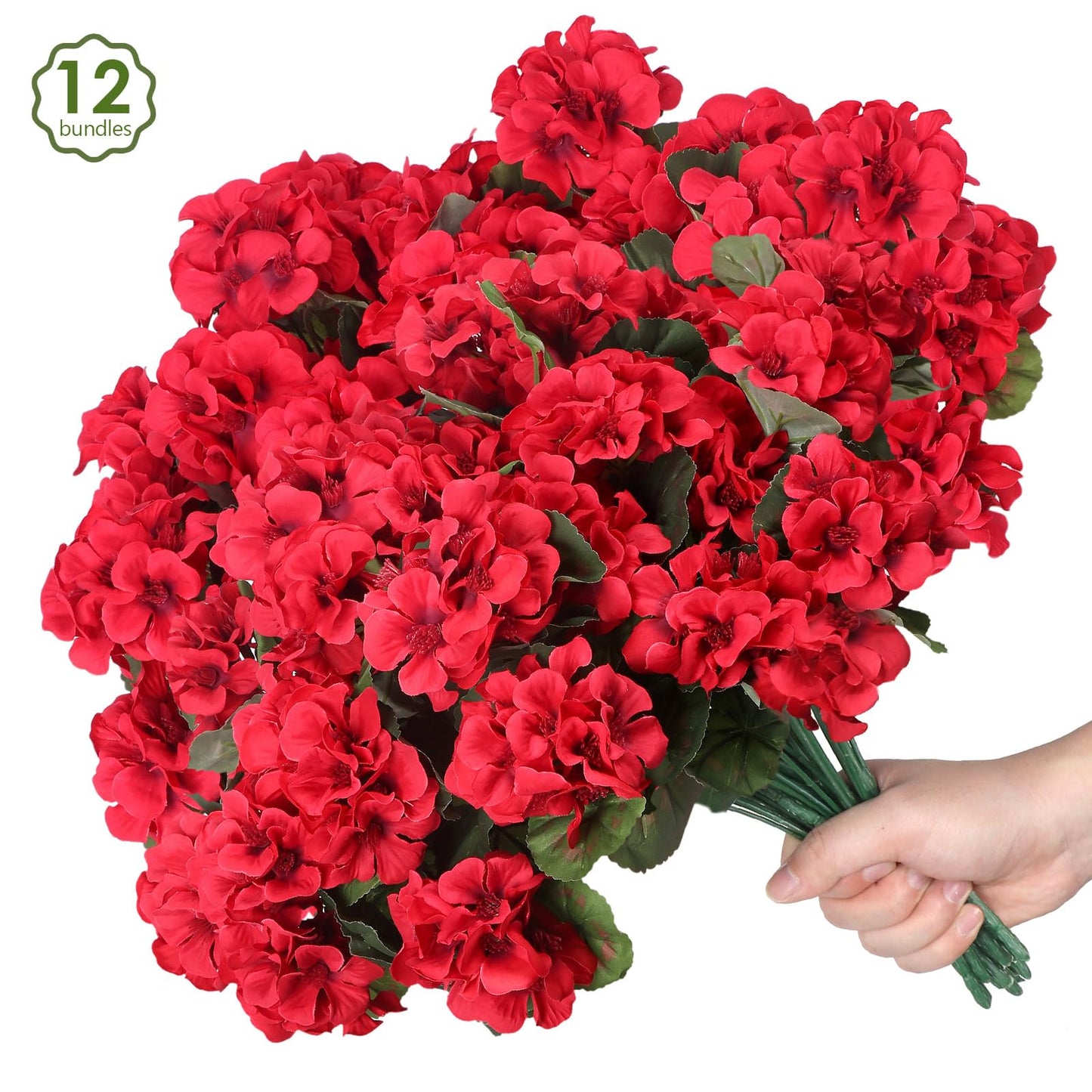 PABREY 12 Pcs Artificial Flowers for Outdoors, Faux Silk Geraniums Flowers UV Resistant Fake Flowers Outdoor Plants for Front Porch Yard Patio Garden Home Decor (12, Red)