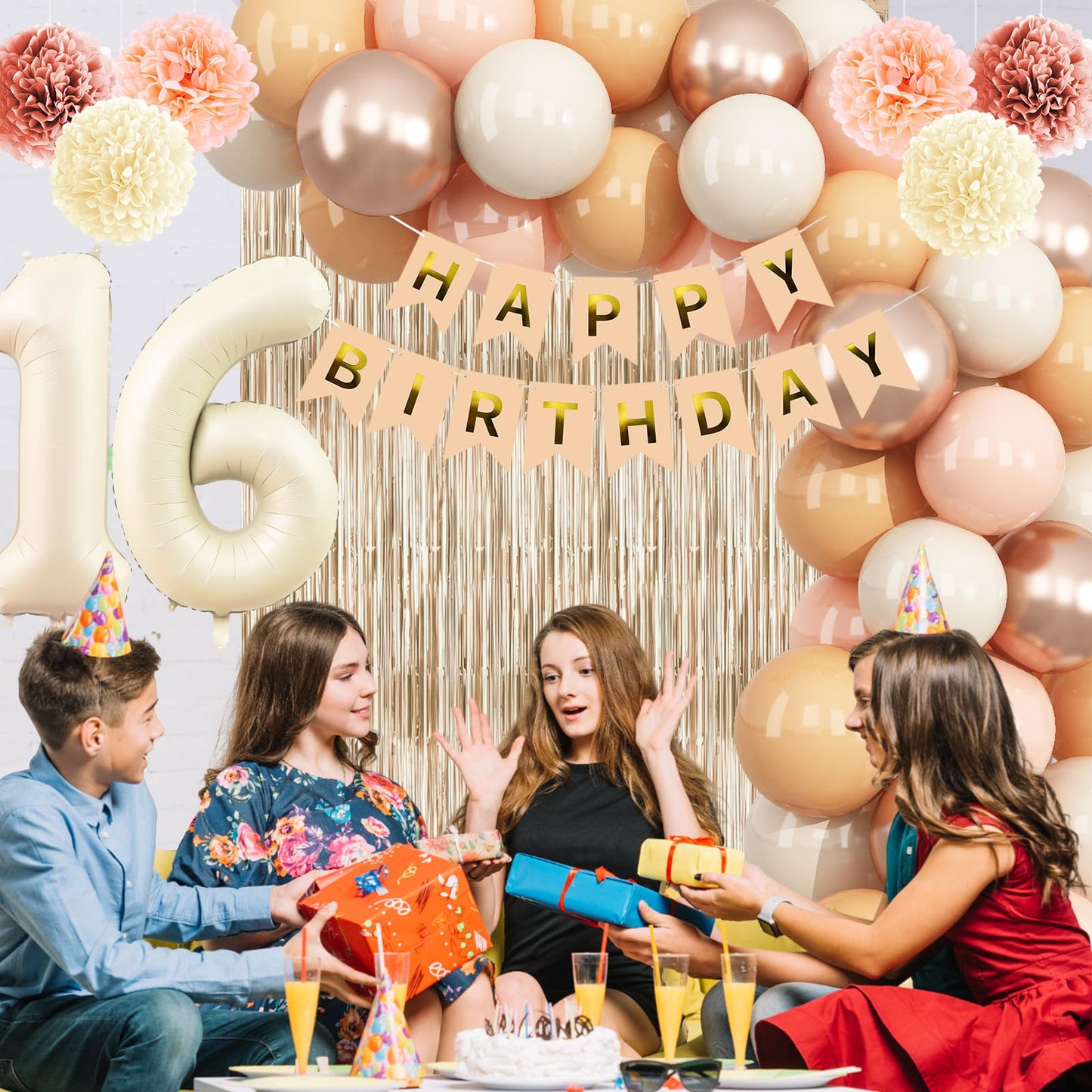 Beige 16th Birthday Decorations Girls Boys Cream Number 16 Balloon Nude Gold Happy Birthday Banner Fringe Curtain Paper Pom Poms Blush White Sand Champagne Star Foil Balloons Neutral Boho Party Decor
