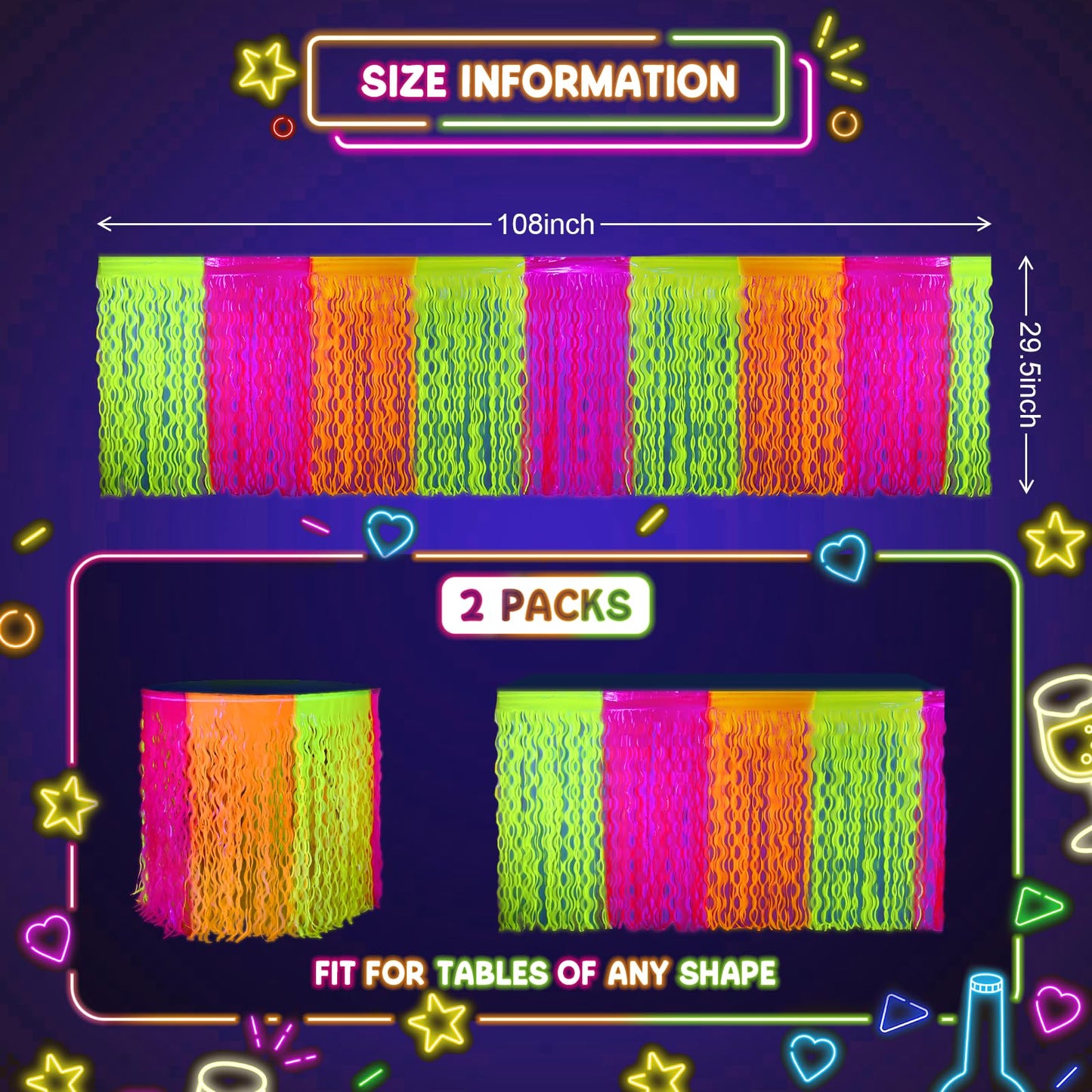 Mega-L Glow in The Dark Party Supplies, 4 Pack Neon Party Decorations Fluorescent Macaron Orange, Yellow and Fuchsia Wavy Metallic Tinsel Foil Fringe Table Skirt, Perfect Glow Birthday Party Decor