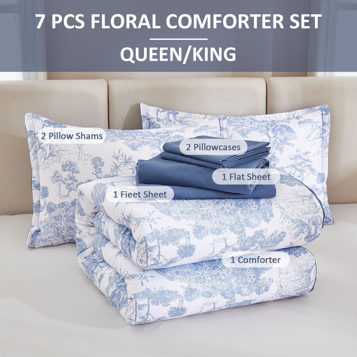 DJY Blue Comforter Set King, 7 Pieces Bed in a Bag King Size Botanical Comforters with Sheets Elegant Plants Print Soft Microfiber Reversible Complete Bedding Sets for All Season