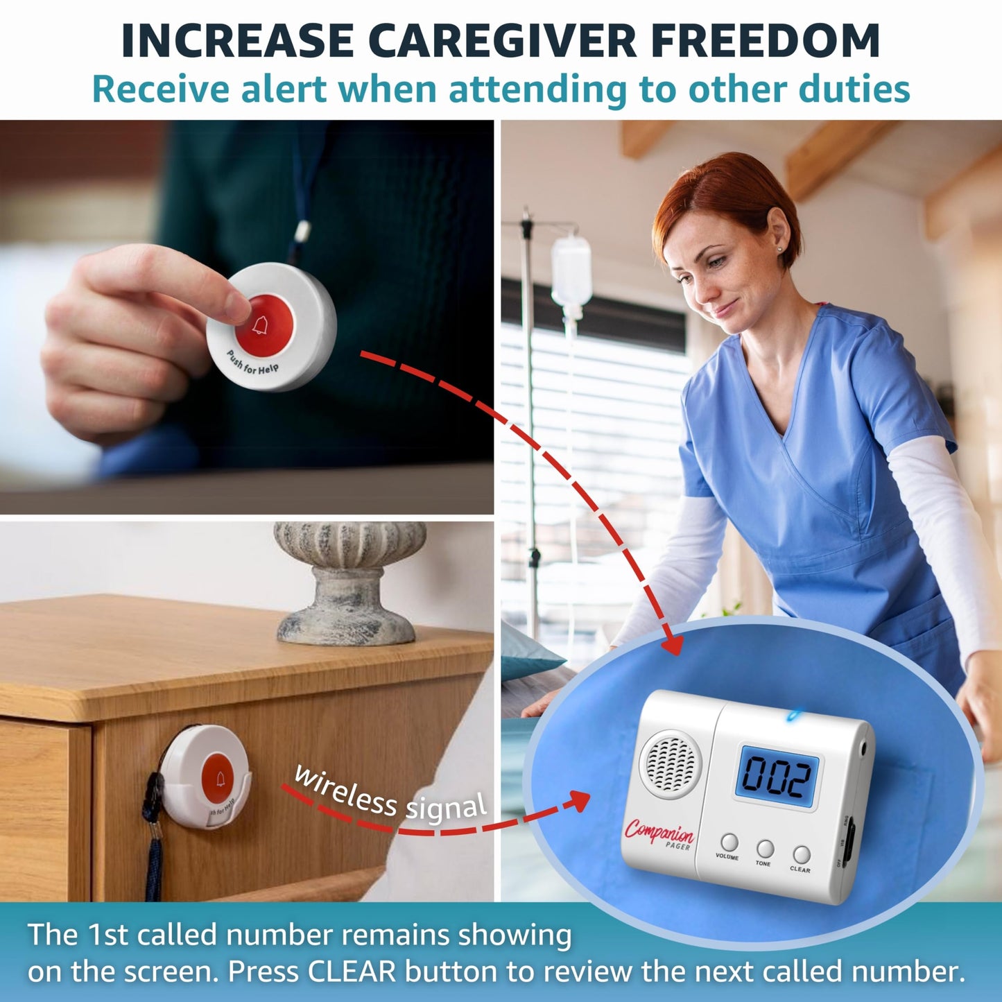 SYNLETT Caregiver Pager Wireless Call Buttons for Elderly at Home for Seniors Adults Patients Nurse Call Light System Alert Button Alarm Emergency with Review Feature