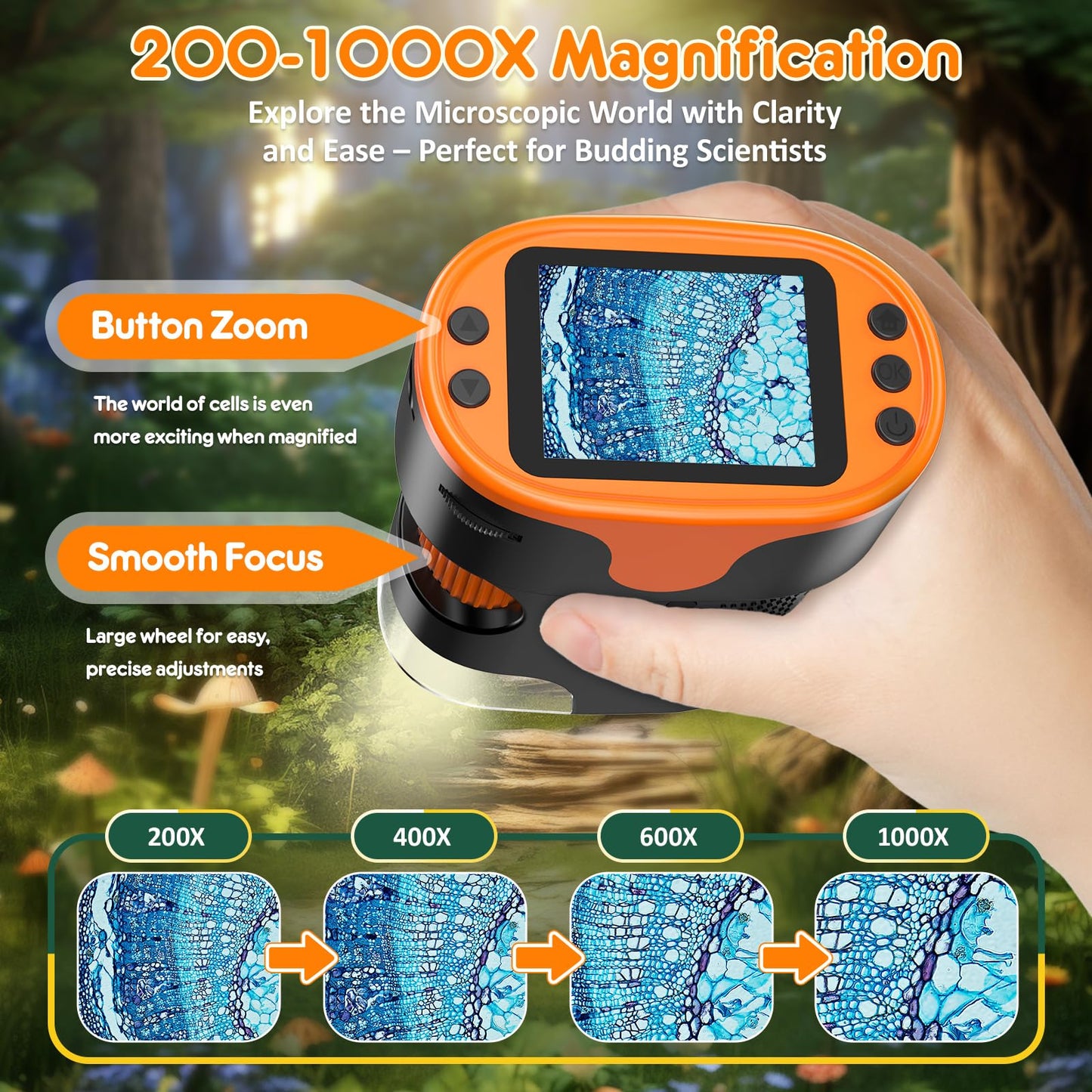 1000X Handheld Microscope for Kids 4K 2.0" Screen Rechargeable Mini Pocket Digital Microscopes w/Slides Kit Portable Edu Gift Age 4-6 8-12 Children Students