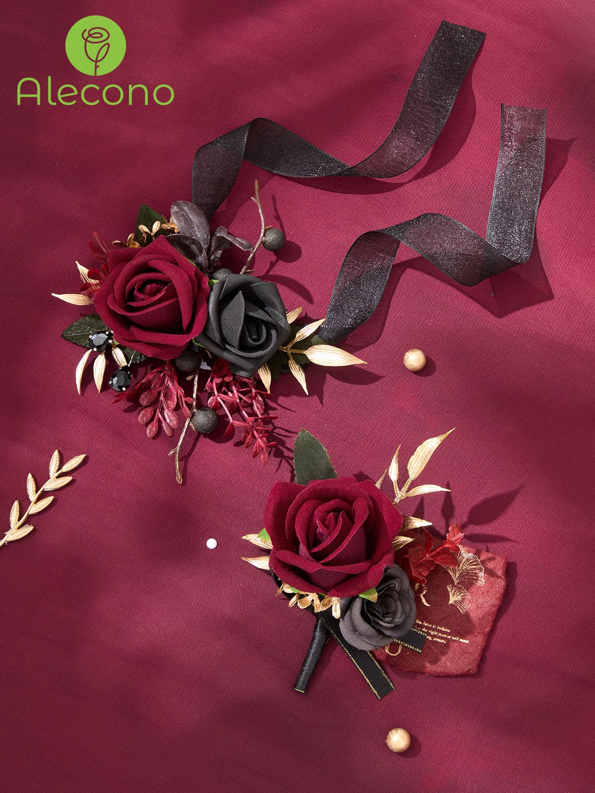 Alecono Burgundy Corsage and Boutonniere Set, Red and Black Rose Corsage Wristlet and Boutonniere for Wedding Prom Flower Accessories Suit Decorations