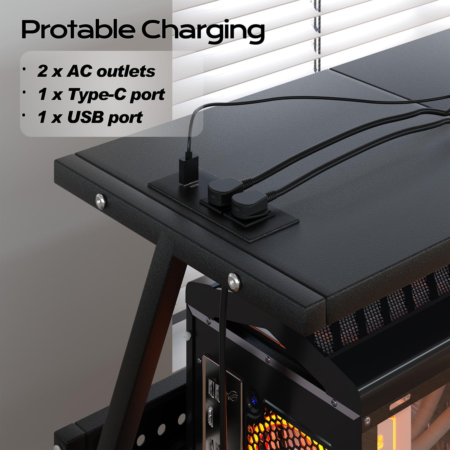 24In Large PC Stand, 5 Levels Height Adjustable Computer Tower Stand with Charging Station, Wheels and Hooks, CPU Holder Cart for Floor, Carpet and Under Desk, Easy Assembly（with Power Strips）