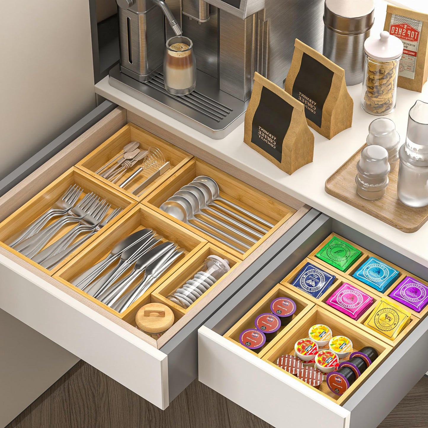 Bamboo Drawer Organizer, Set of 9 Wood Kitchen Junk Tea Desk Office Tray, Wooden Storage Boxes Organizers for Bathroom, Office (2" H 9 Boxes)