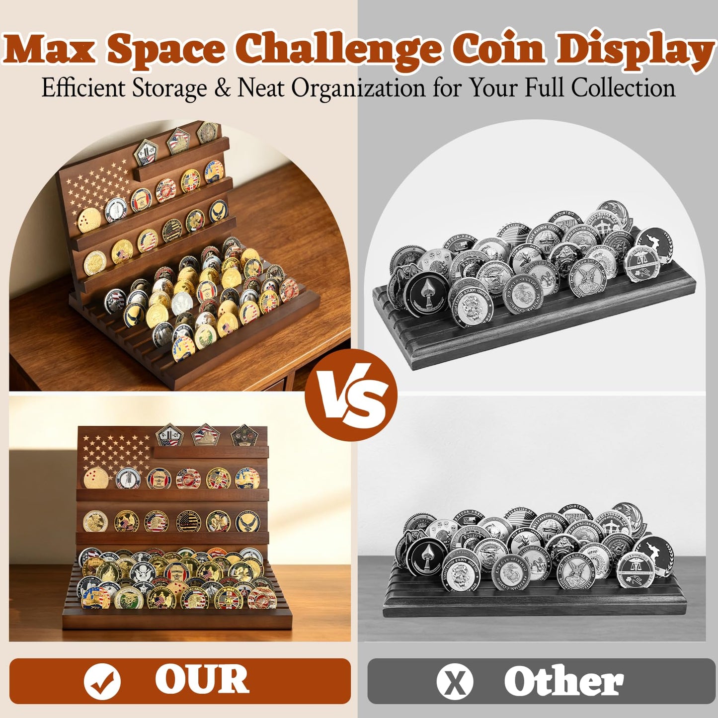 Challenge Coin Display, Slotted Stands Military Coin Holder Display Rack Solid Wood for Army Coin Collection Desk Tabletop Decorative Stands, Large Capacity of 80 Coins 8 Raw (Walnut)