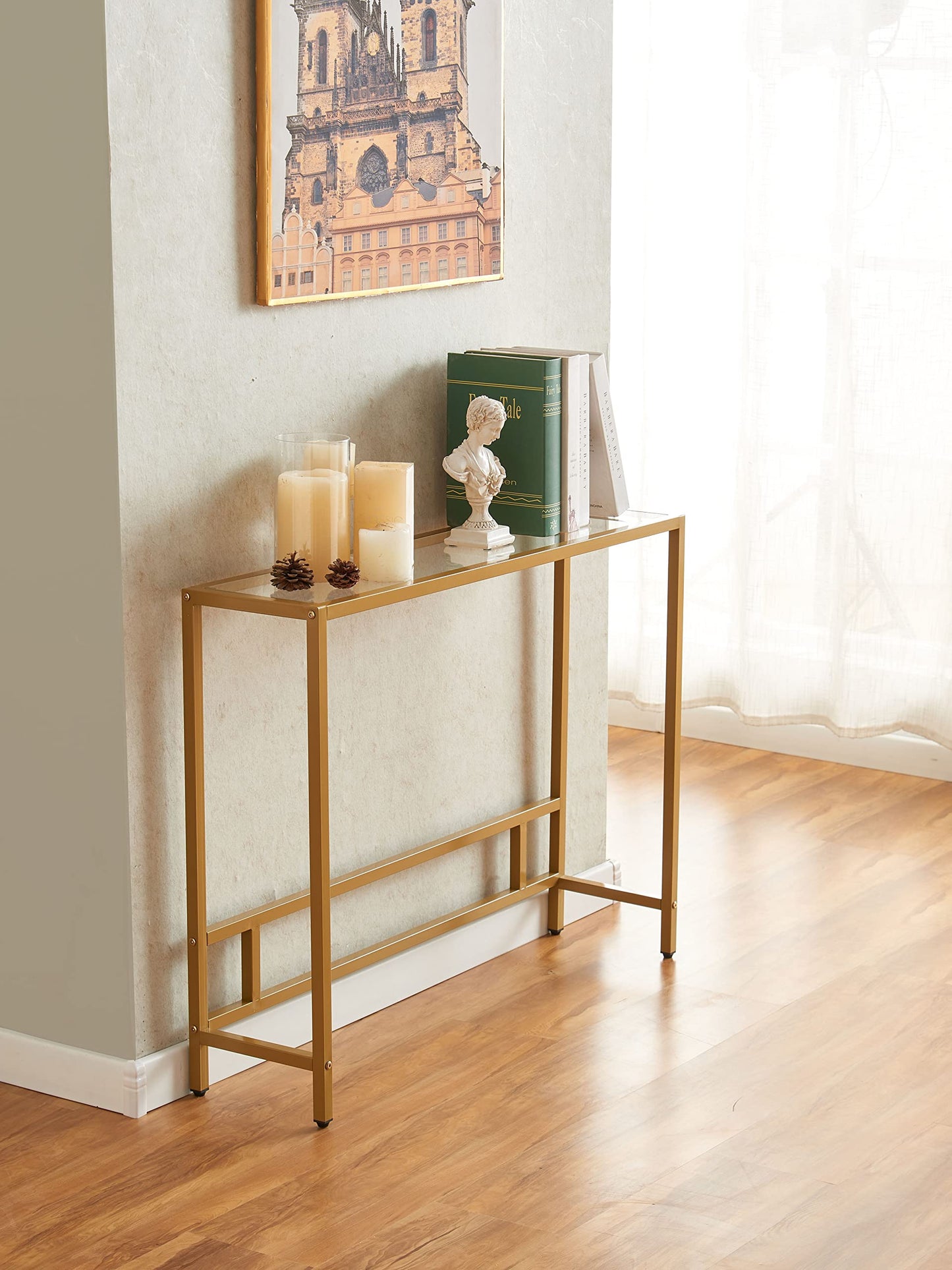 MAJARO Small Modern Console Table for Entryway, Tempered Glass with Metal Frame Sofa Table for Living Room, Hallway, Office (Single-Layer, Gold)