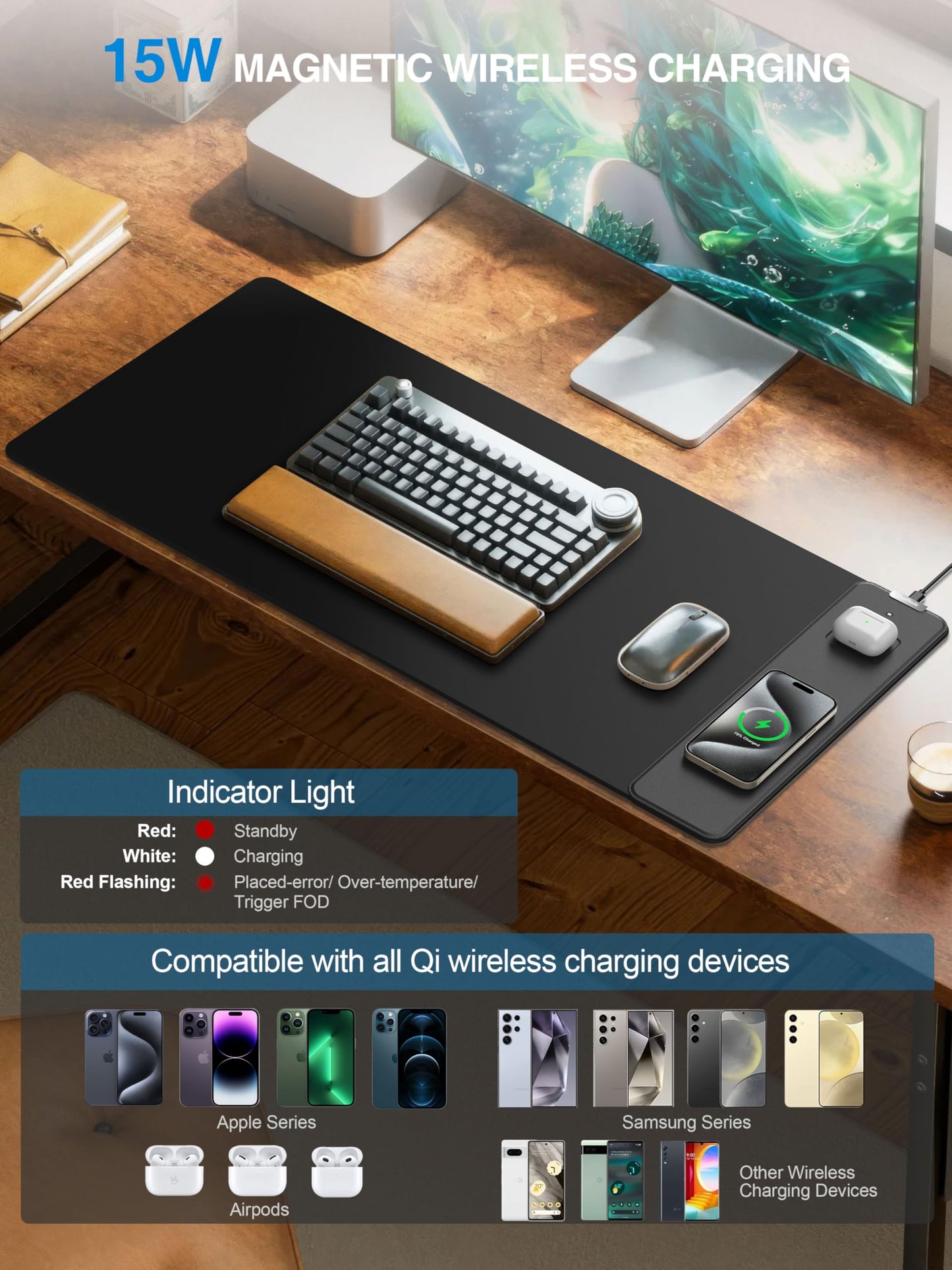 TopMade Mouse Pad with 15W Wireless Charging, Waterproof Gaming Mousepad with Ultra-Smooth Surface, Non-Slip Base, 31.5"x15.75" XXL Large Desk Pad (Includes 20W PD Power Adapter & 6.56ft Woven Cable)