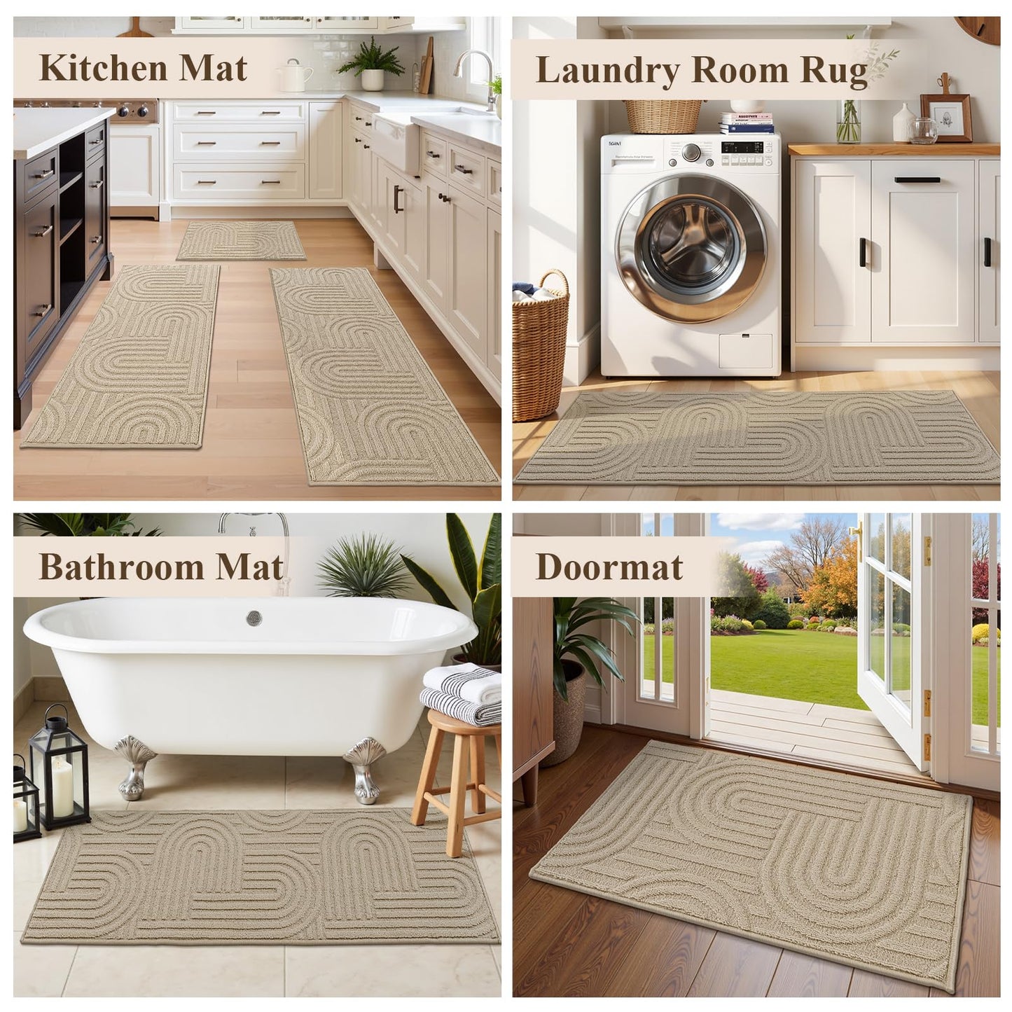 U'Artlines Kitchen Rugs and Mats Set of 3, Non Skid Washable Beige Geometric Kitchen Mats for Floor, Absorbent and Stain Resistant Floor Mat for Laundry, Sink Decor 20x32+20x48+20x59