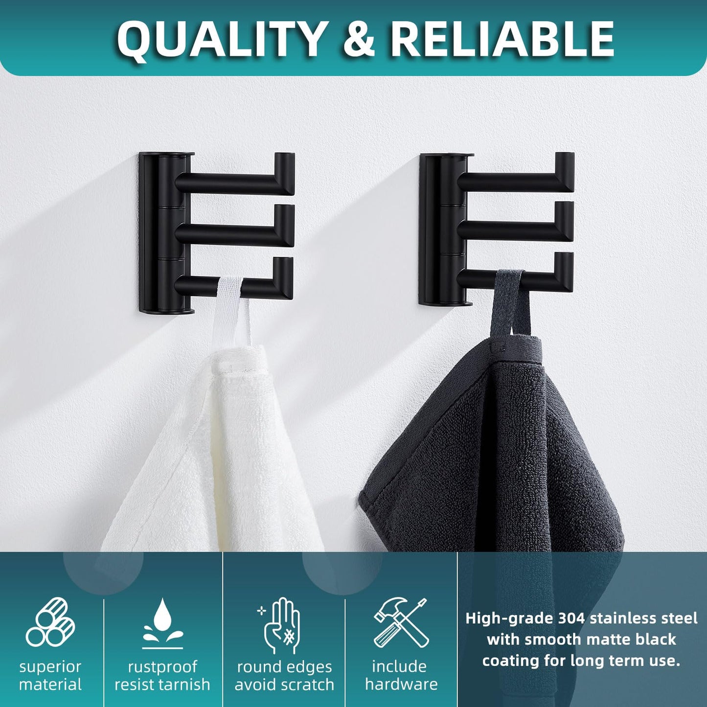Angle Simple Swivel Towel Hooks for Bathroom, SUS 304 Stainless Steel Foldable 3 Arms Robe Towel Holder, Shower Wall Coat Hooks, Matte Black, 2 Pack