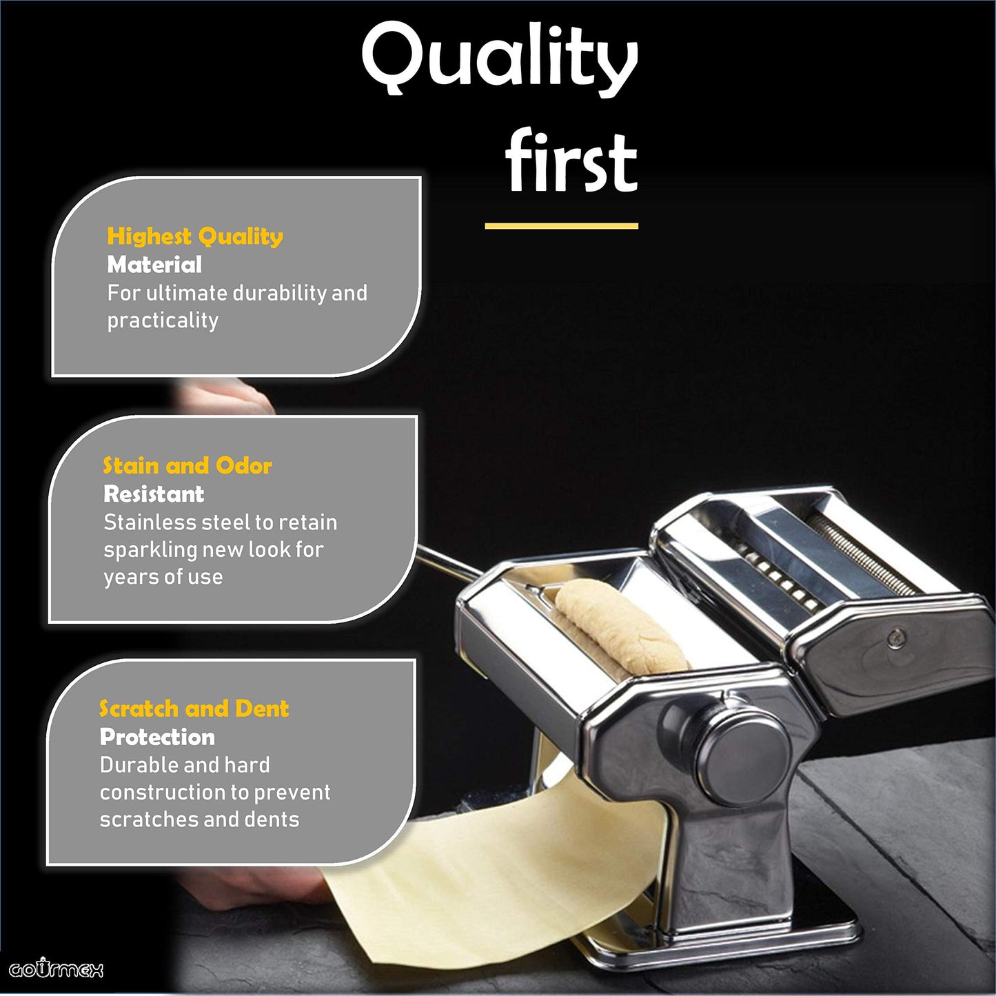 GOURMEX Pasta Maker Machine Stainless Steel Manual | With Adjustable Thickness Settings | Perfect for Homemade Spaghetti Fettuccini Noodles and Lasagna | Includes Removable Handle and Clamp (Silver)