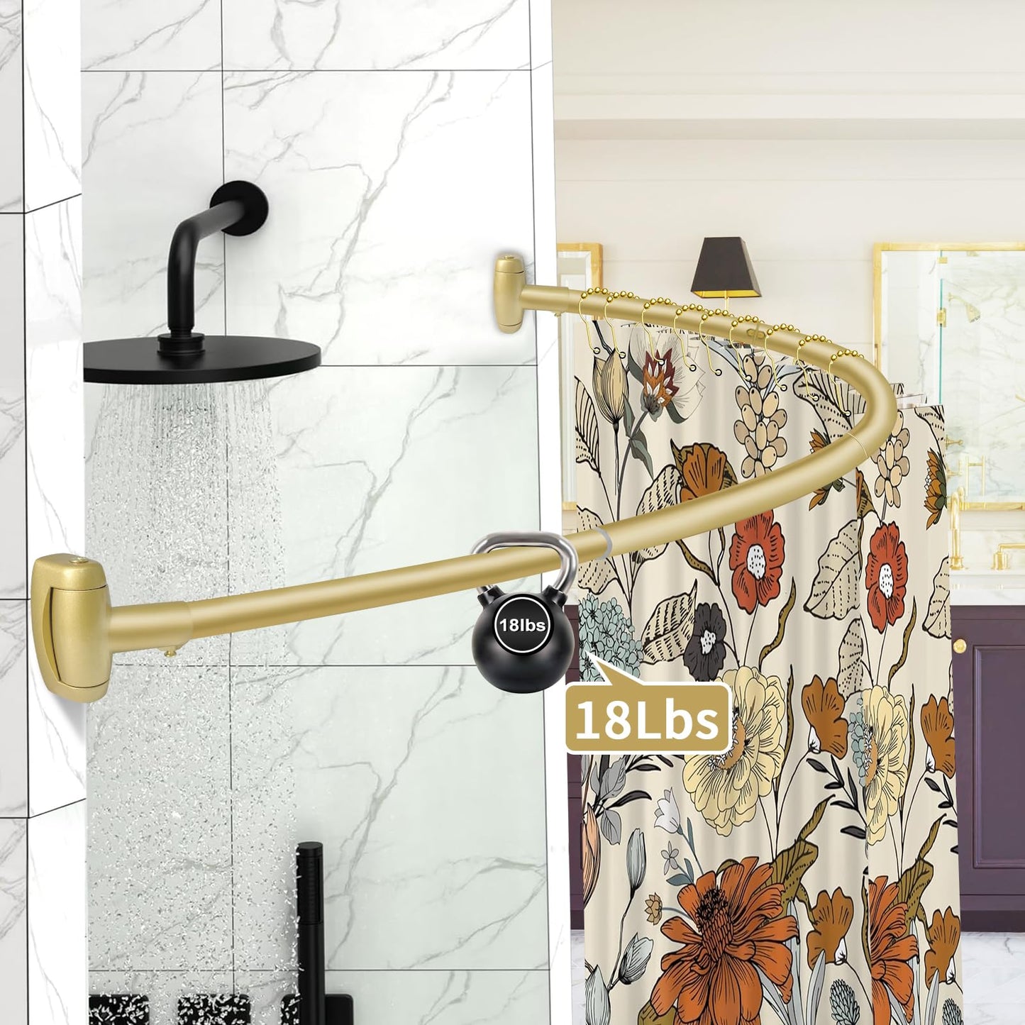 YNL Curved Shower Curtain Rod 35-82In(2.9-6.8Ft), Gold Round Rustproof Shower Rod for Bathroom Bathtub, Adjustable Arched Shower Curtain Rod, Never Rust|Extra Space|Non-Slip|Expandable|Need to Drill.