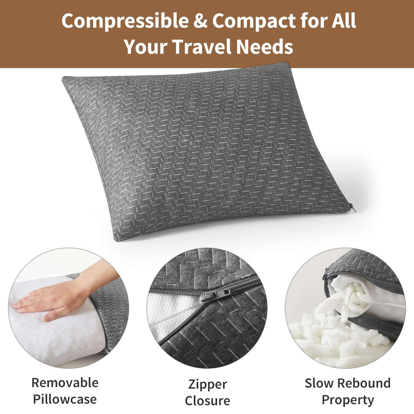 PEUJEW Travel Size Pillow, Compressible Memory Foam Pillow, Camping Pillow Breathable Cover for Travel Airplane Car Hiking Camping Outdoor