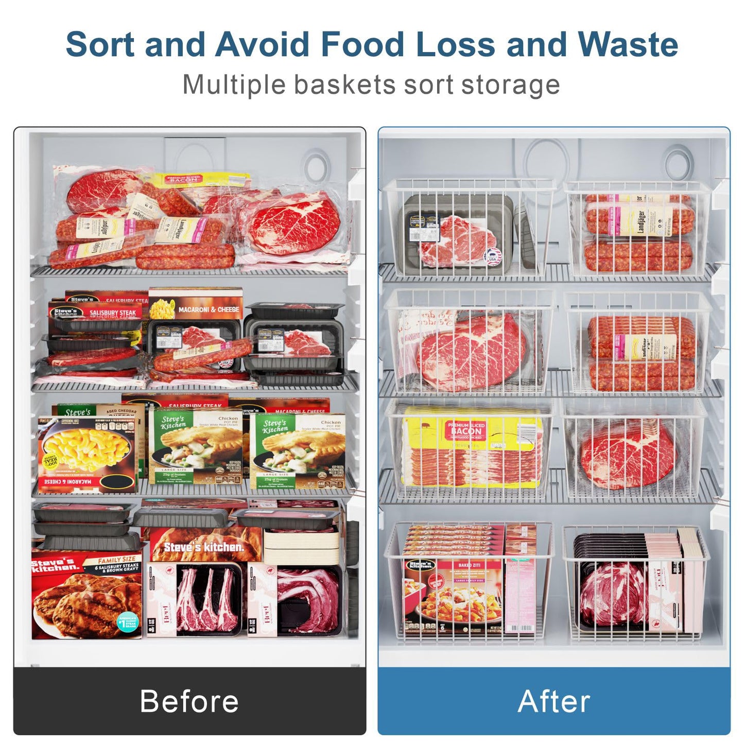 iSPECLE Freezer Organizer Bins - 4 Pack Upright Freezer Baskets for 17/21 Cu.Ft Stand Up Freezer, Wire Storage for Reach-In Freezer, Slide-Out Access, Prevents Items Falling, 2 Large 2 Medium, White