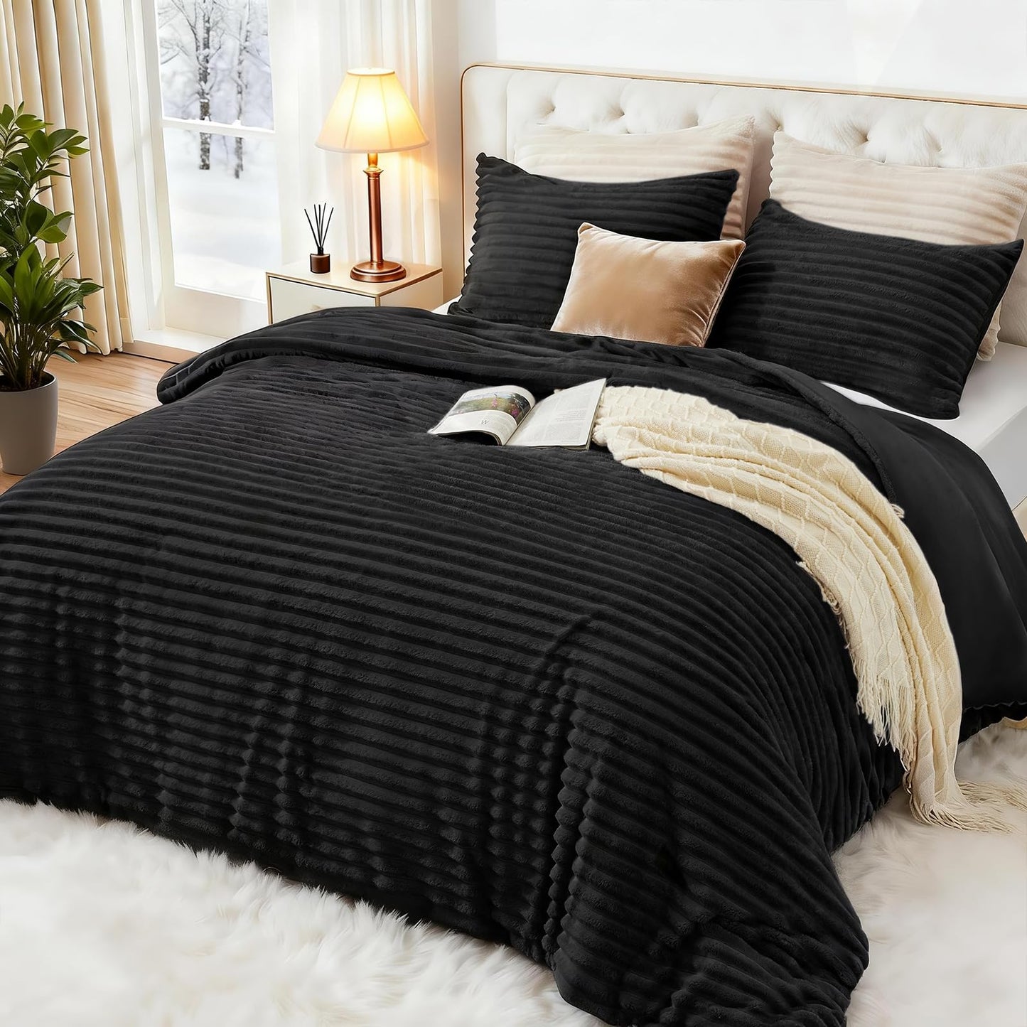 EXQ Home Fluffy Comforter Set King Size - Super Soft Faux Fur Stripe Jacquard Comforter 3 Pieces, Black Fleece Bedding Set,Winter Warm Bed Set,1 Comforter with 2 Pillowcases