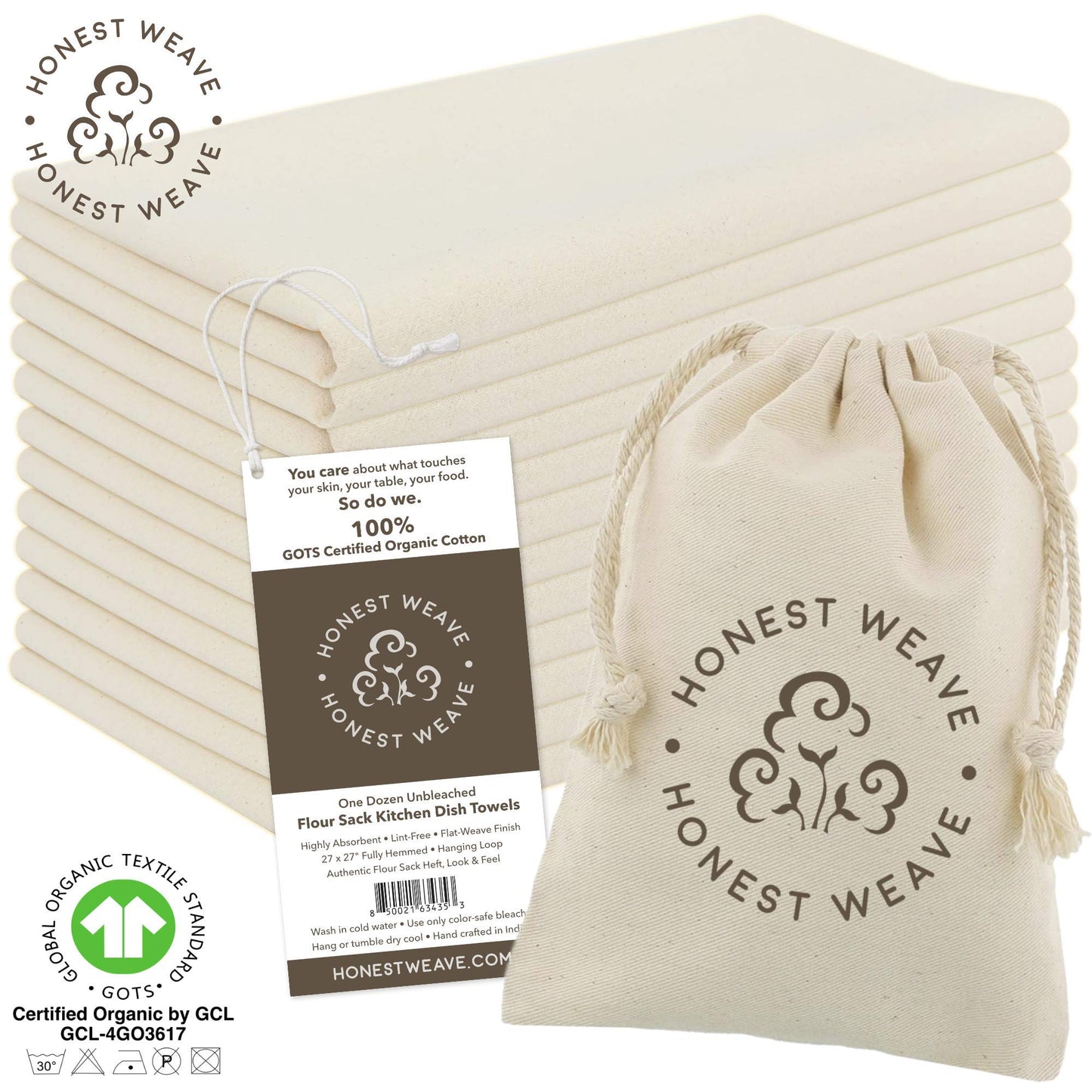 HONEST WEAVE GOTS Certified 100% Organic Flour Sack Cotton Kitchen Hand and Dish Towel Sets - Extra Large 27x27 inches, Fully Hemmed, 12-Pack, Natural Tan