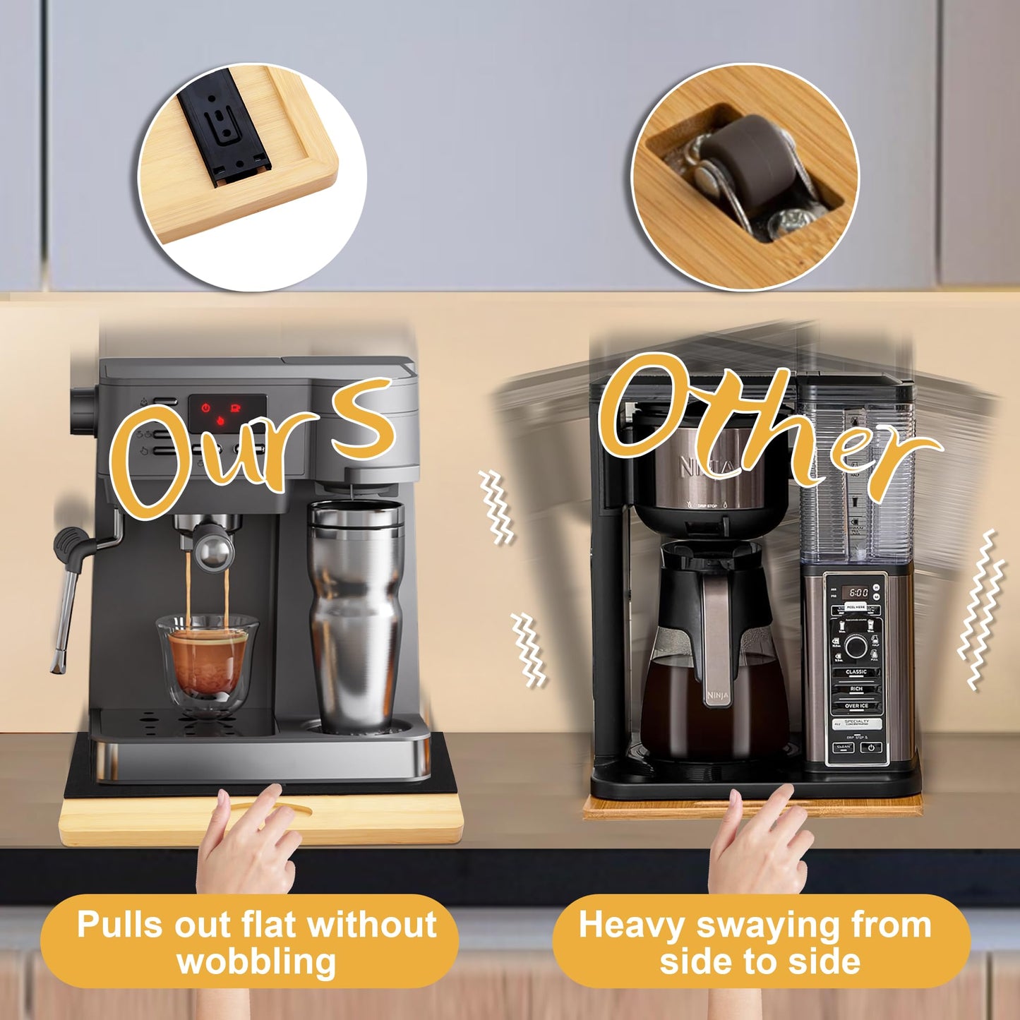 MinBoo Bamboo Appliance Slider,Sliding Tray for Coffee Maker, Kitchen Countertop Appliance Rolling Tray,Slides Easily from Under The Cabinet,Wide - Large (16" Wx13 D)