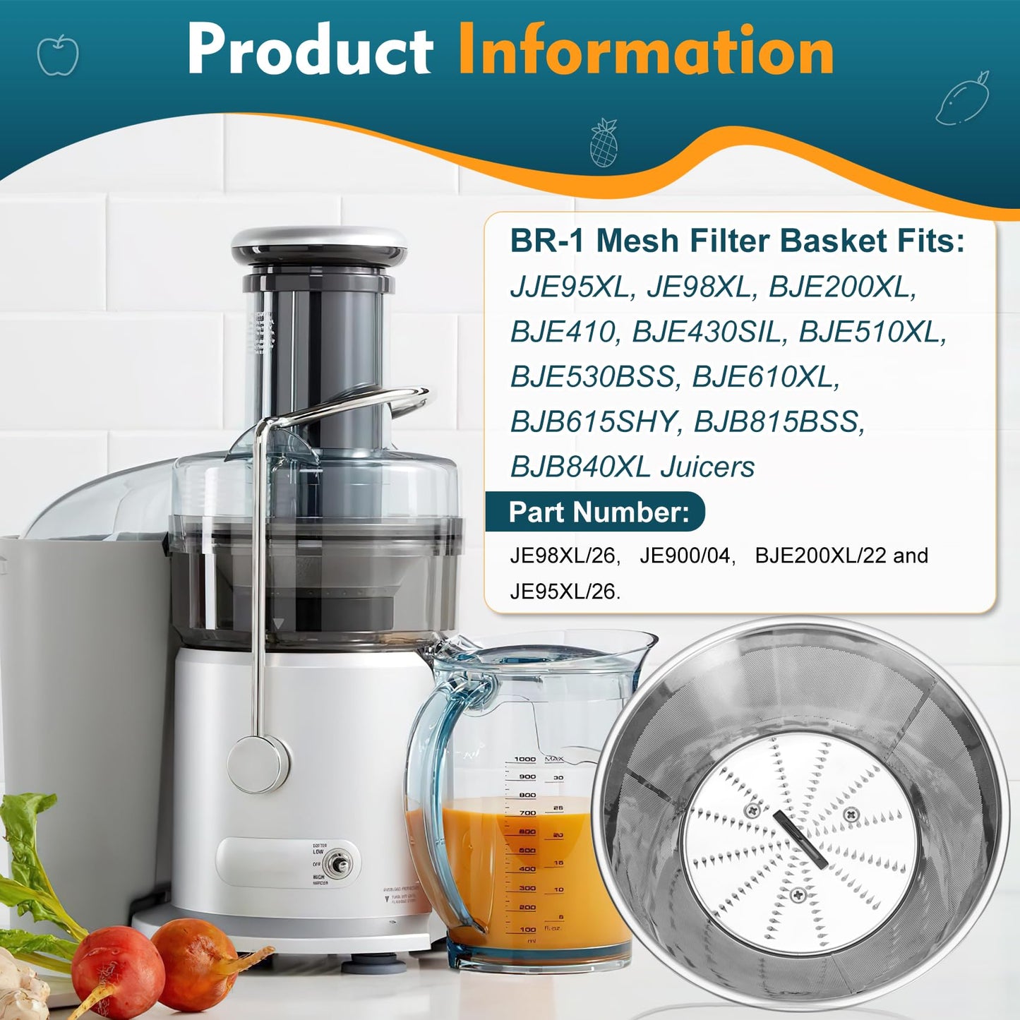 Drkerr BR-1 Mesh Filter Basket Compatible with Models JE95XL, JE98XL, BJE200XL Juicers, SP0010662 Blender Basket Assembly - Ready to Use Mesh Bowl, Upgraded Titanium-coated Blades and Base