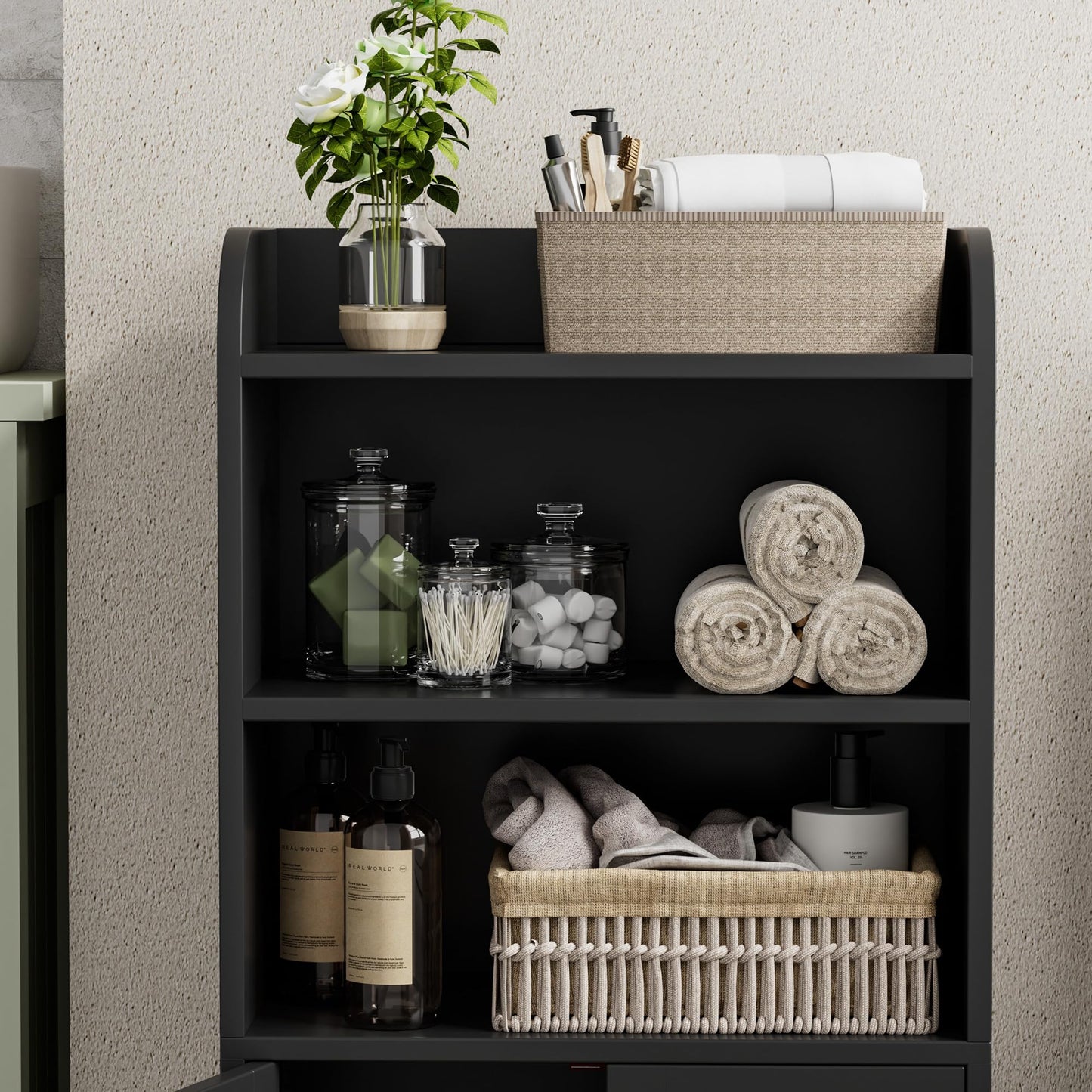 Homhedy Small Bathroom Storage Cabinet, Freestanding Toilet Paper Storage with 2 Doors and Shelves, Bathroom Organizers and Storage for Small Spaces, Laundry Room, 7.9" D x 14.6" W x 31" H, Black