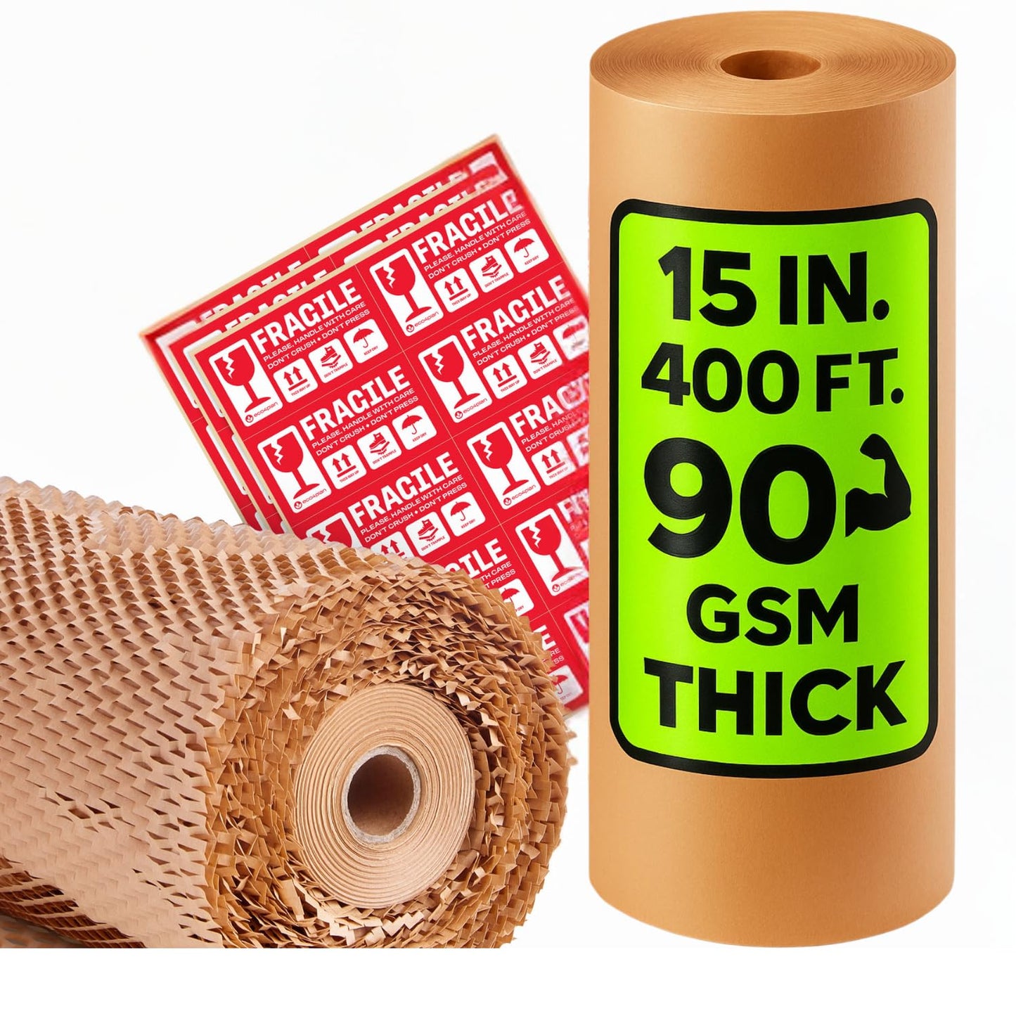 eco4plan Honeycomb Packing Paper | Extra Thick 90 GSM Packing Wrap | Biodegradable Packing Materials: 15” x 400’ Moving Paper + 30 Fragile Stickers | Paper Bubble Wrap/Packing Bubbles Substitute